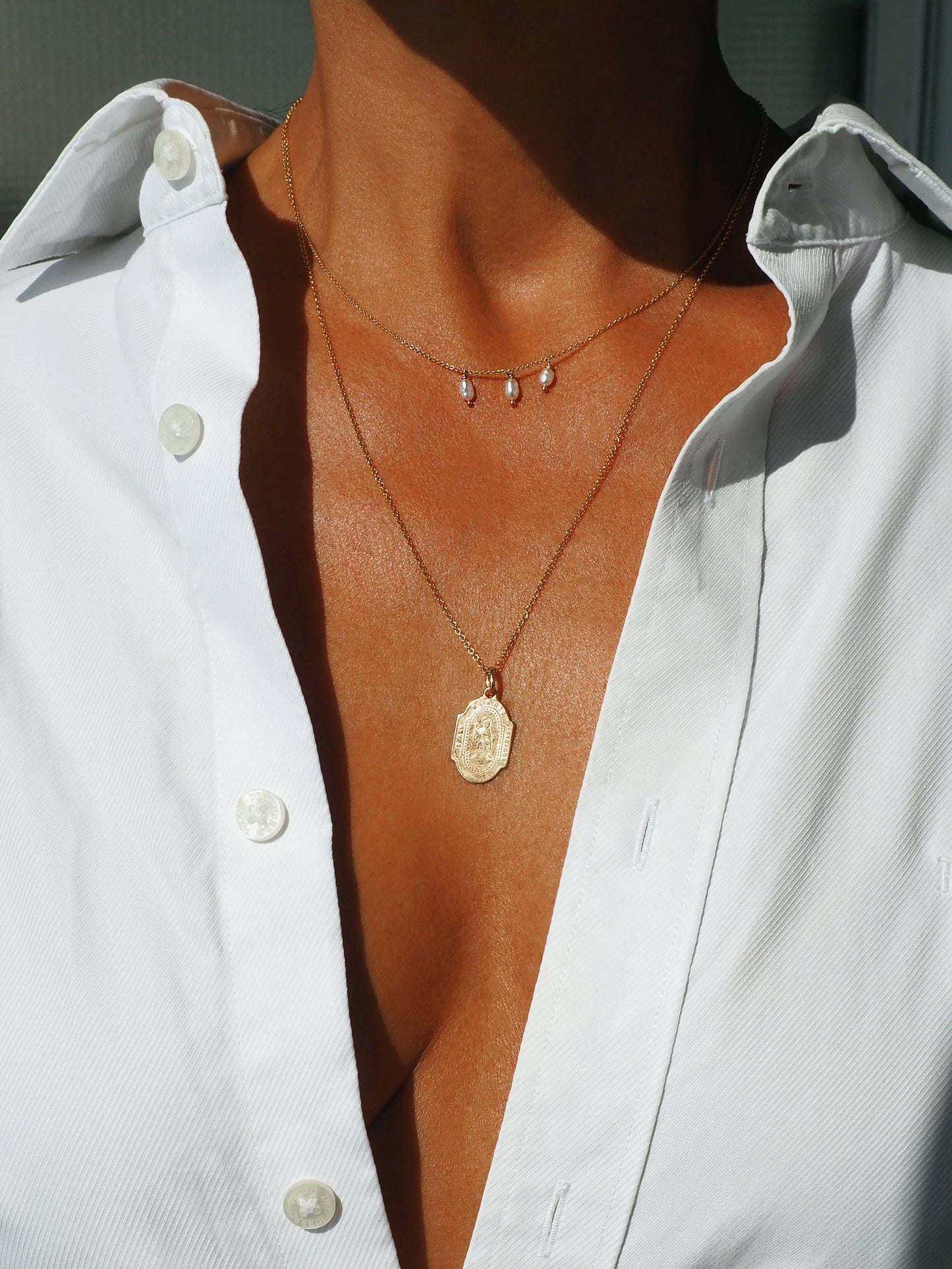 St Benedict and Montserrat Necklace. Gold plated Sterling Silver. Freshwater pearls. One of a Kind.
