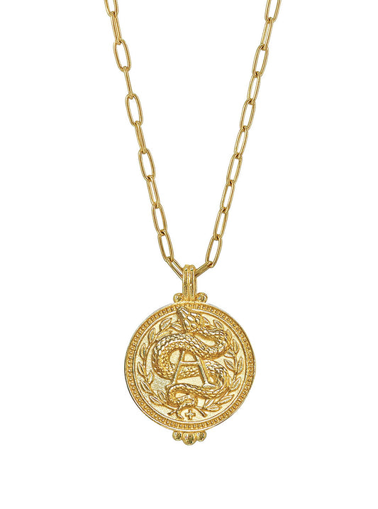 A Positive Blood Type Necklace in gold vermeil – sacred snake pendant symbolizing grace, renewal, and protection with Evil Eye detail