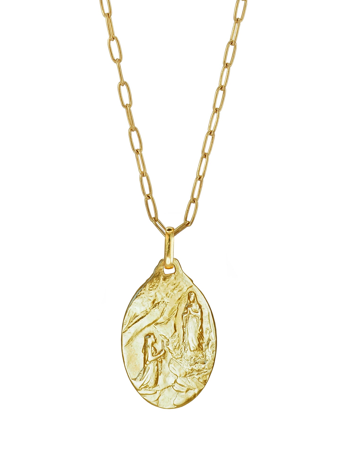 Antique Lourdes medal necklace with double-sided engraving of Bernadette in gold-plated sterling silver.