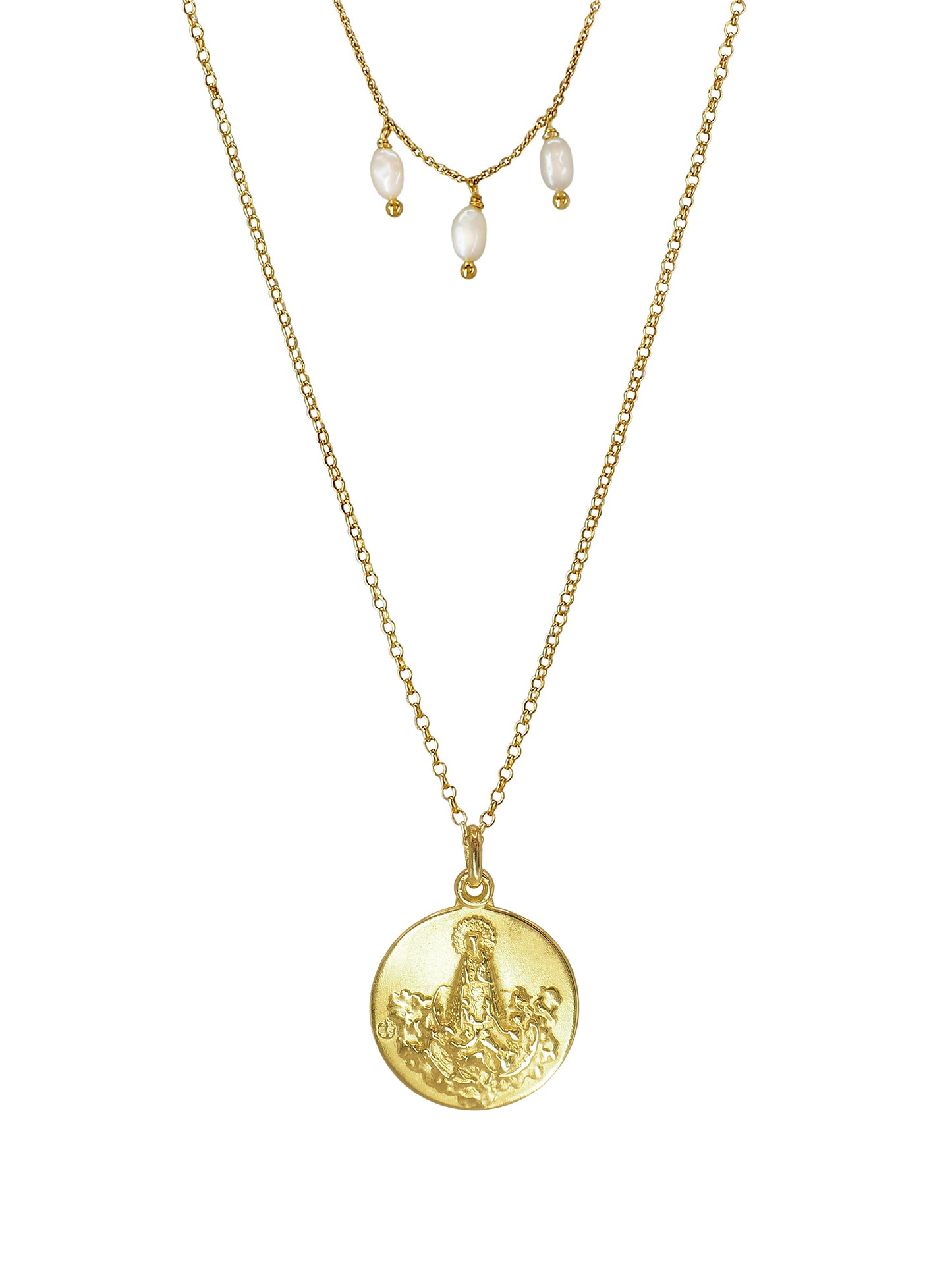 Vintage Madonna necklace with gold-plated double chain, antique Our Lady of the Forsaken pendant, and three freshwater pearls.