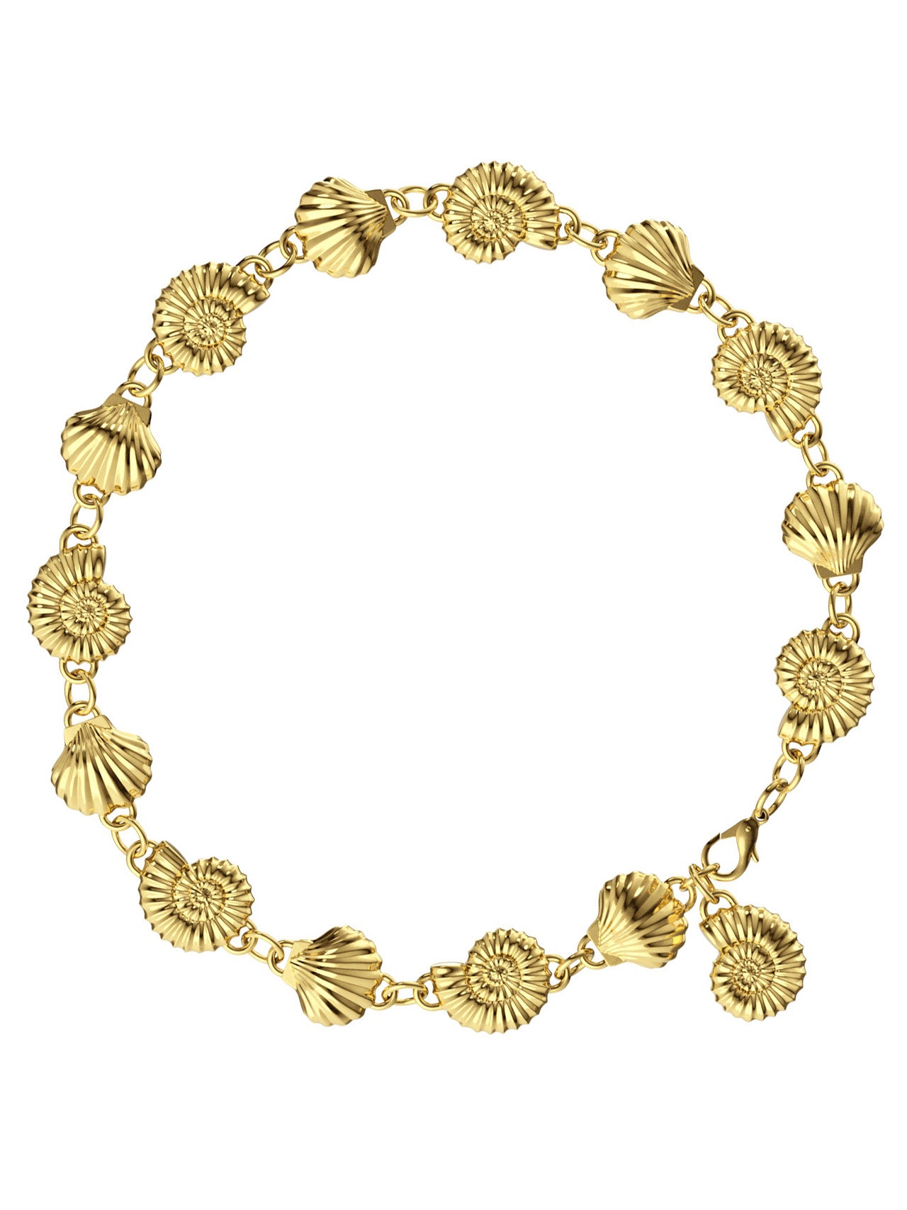 AMOR Anklet in gold vermeil by Pola Jewellery—shells and spirals symbolizing love, femininity, balance, and summer spirit.