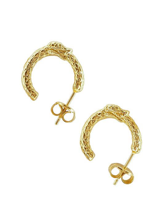 Ouroboros Mini Hoop Earrings by Pola Jewellery – gender-neutral symbolic hoops in gold vermeil or silver, representing eternal love and power