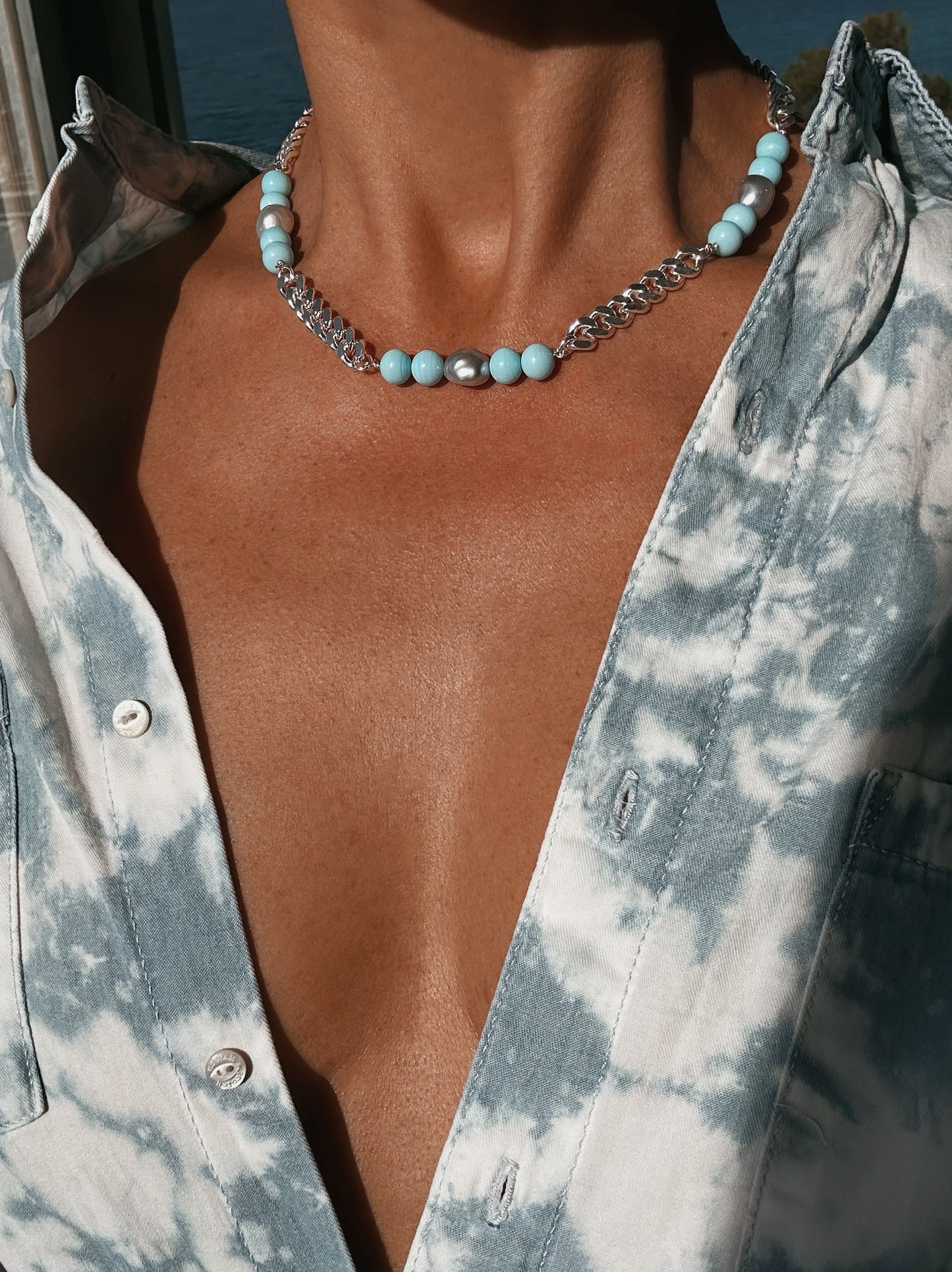 Silver Chunky Choker featuring vintage glass beads and Baroque Pearls. Silver plated Brass