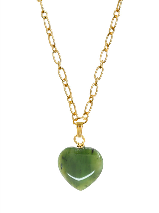 Green Jade Heart Talisman Necklace by Pola Jewellery—symbol of luck, love & resilience. Set in 23k gold vermeil. Gender-neutral, Mallorca.