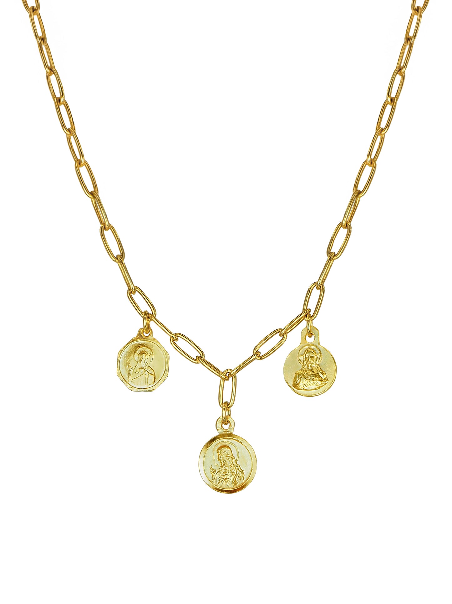 Close-up of the Vintage Madonnas and Sacred Heart Triad Necklace — delicate antique pendants engraved with Madonnas and Sacred Hearts, elegant and refined.