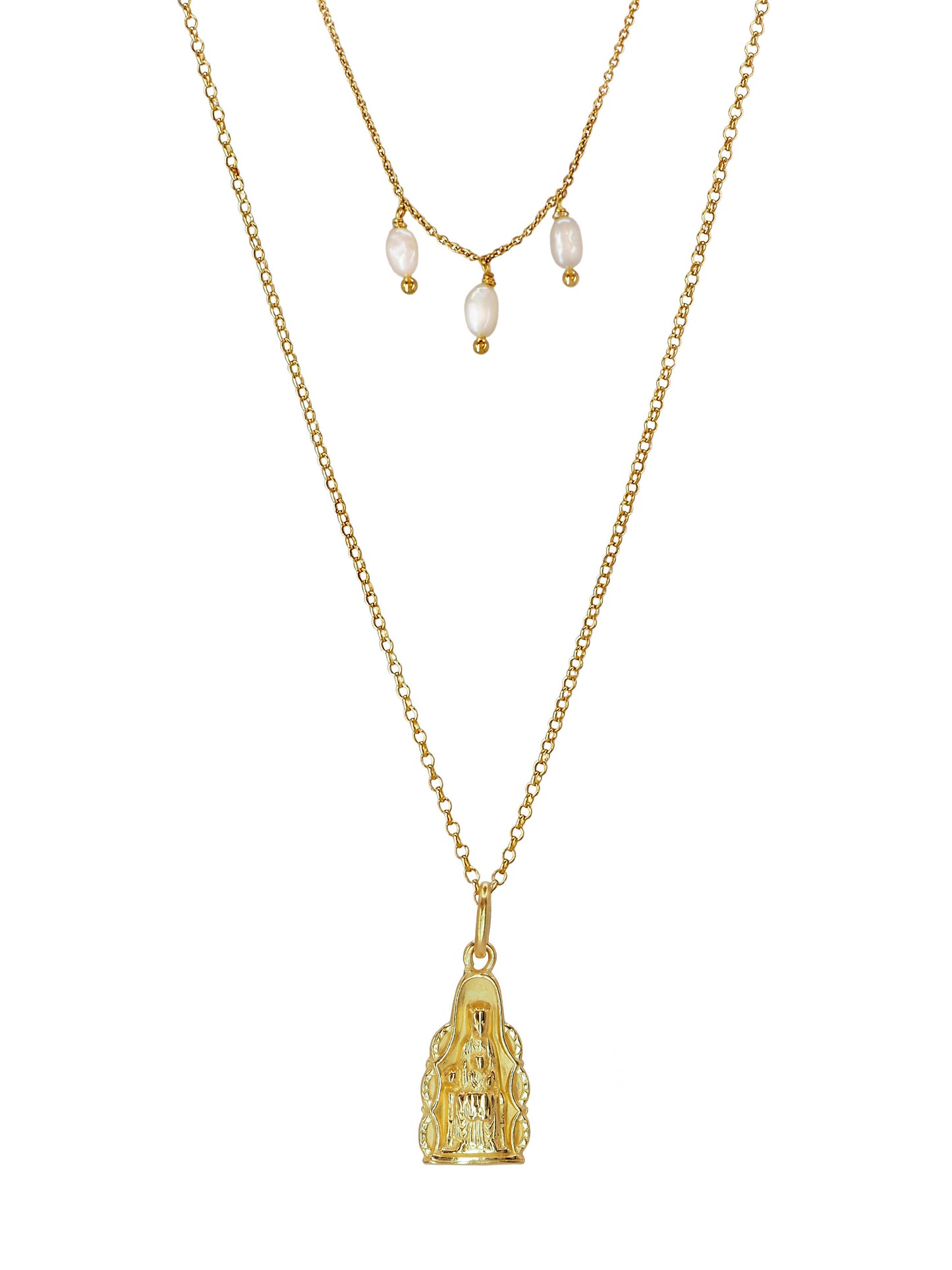 Delicate vintage necklace with Our Lady of Montserrat pendant and freshwater pearls, gold-plated sterling silver, one of a kind.