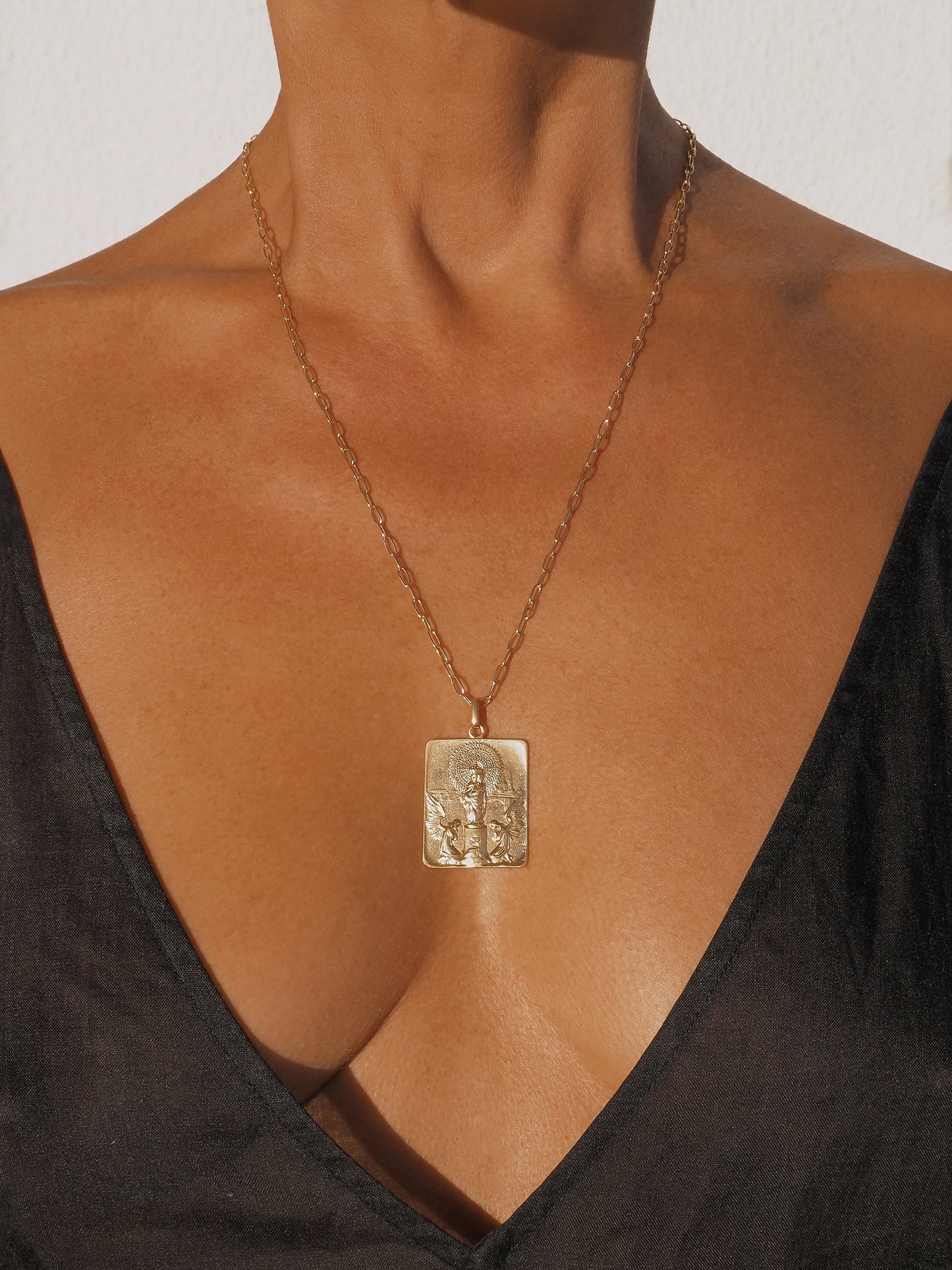 Our Lady of Pilar Vintage Necklace by Pola Jewellery — one-of-a-kind gold-plated antique pendant with angels, handcrafted in sterling silver. Gender neutral.