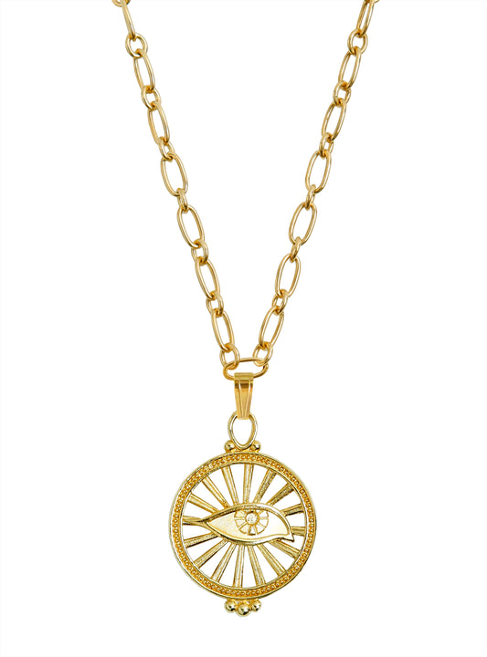 Eye Talisman Necklace in gold vermeil by Pola Jewellery—a sleek, symbolic amulet of protection. Gender-neutral, handcrafted in Barcelona.