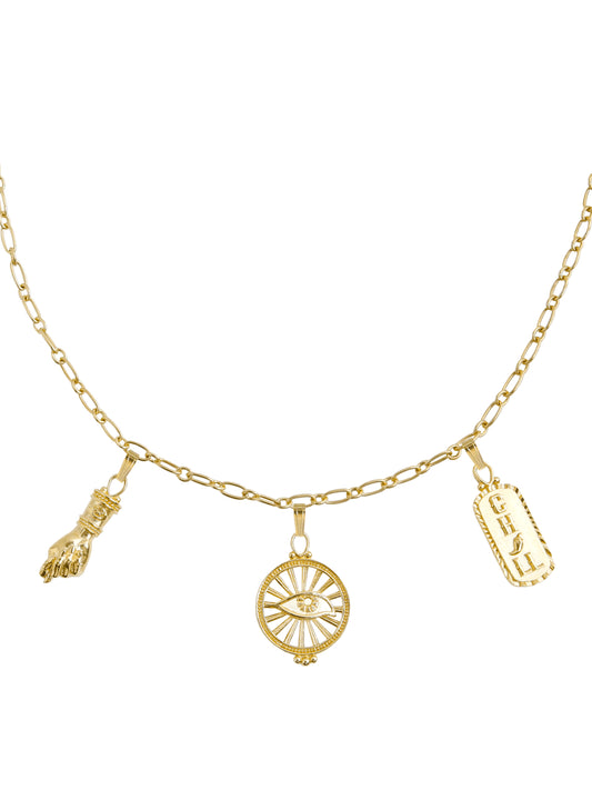 Gold vermeil Talisman Necklace by Pola Jewellery with Mano Figa, Evil Eye & Chill—symbols of protection, power & intention.