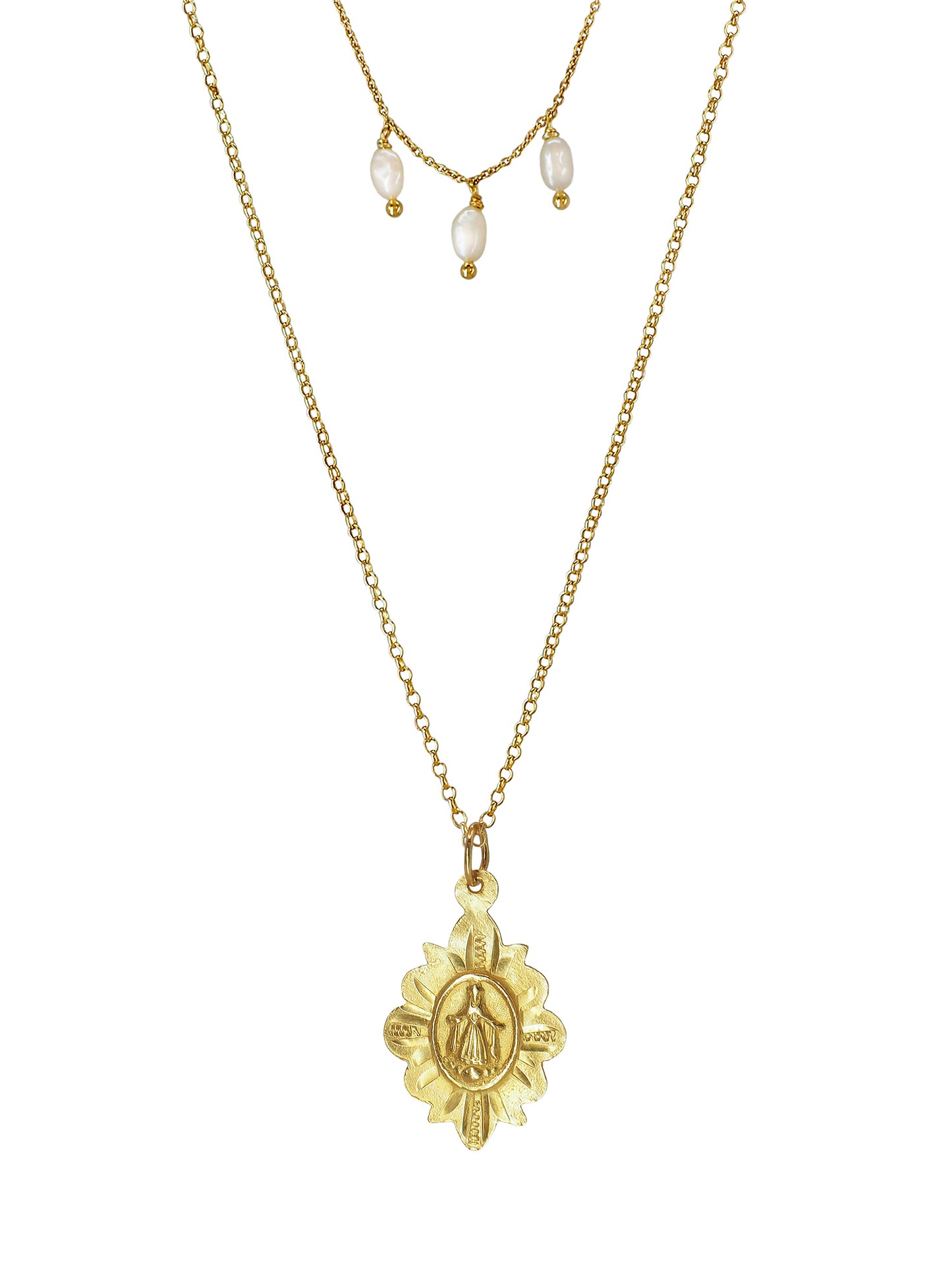 Vintage necklace with Our Lady of Mercy pendant and pearls, gold-plated sterling silver. A dainty, symbolic double-chain piece.