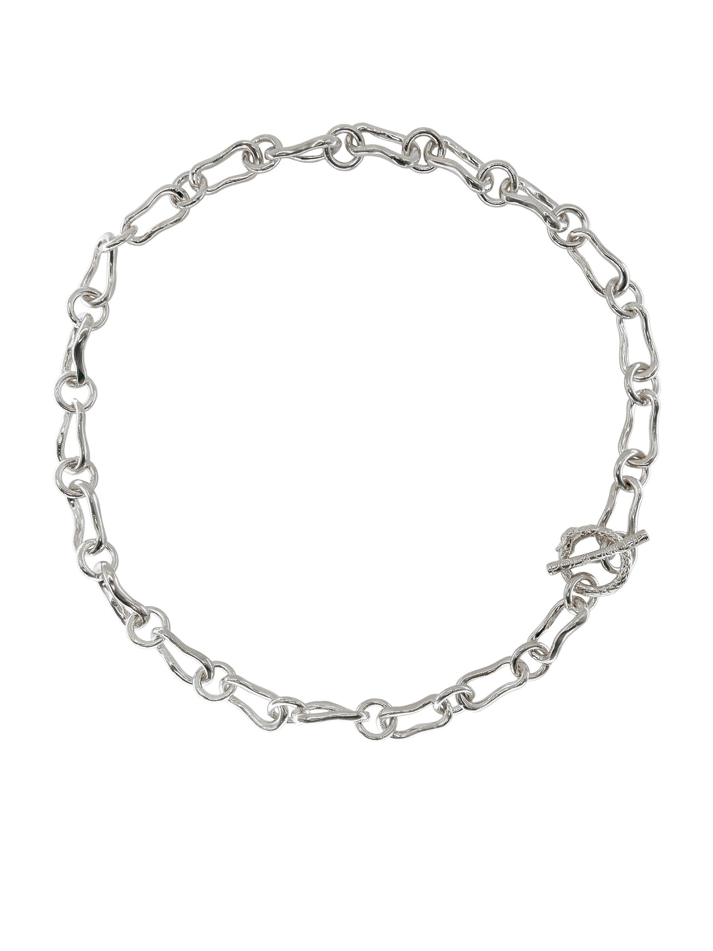 Silver Ouroboros T-Bar Necklace by Pola Jewellery – bold, gender-neutral chain symbolizing eternal love, strength, and transformation