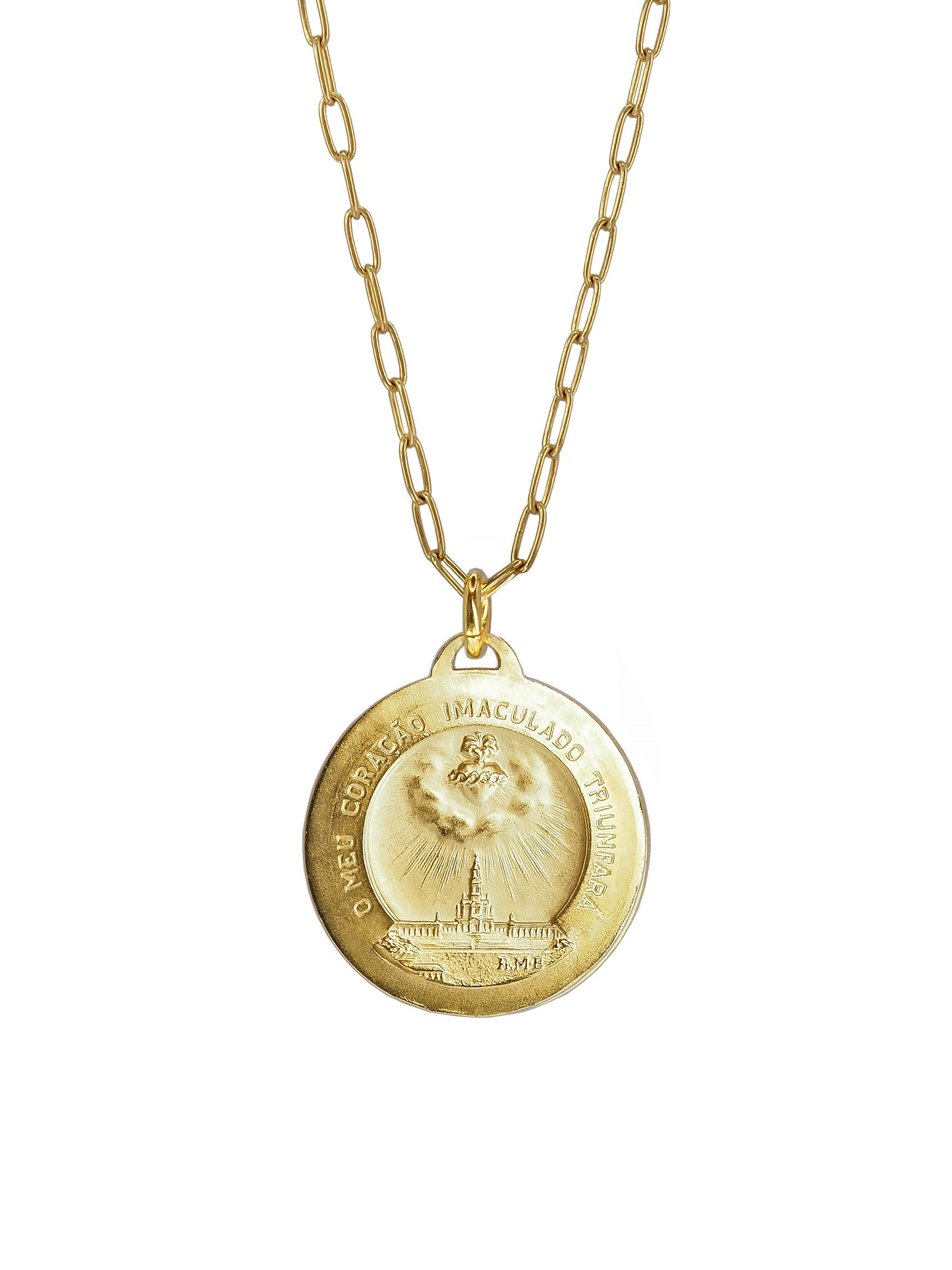 Reverse of the Vintage Our Lady of Fátima Pendant showing the Fátima Sanctuary and Sacred Heart — symbol of love