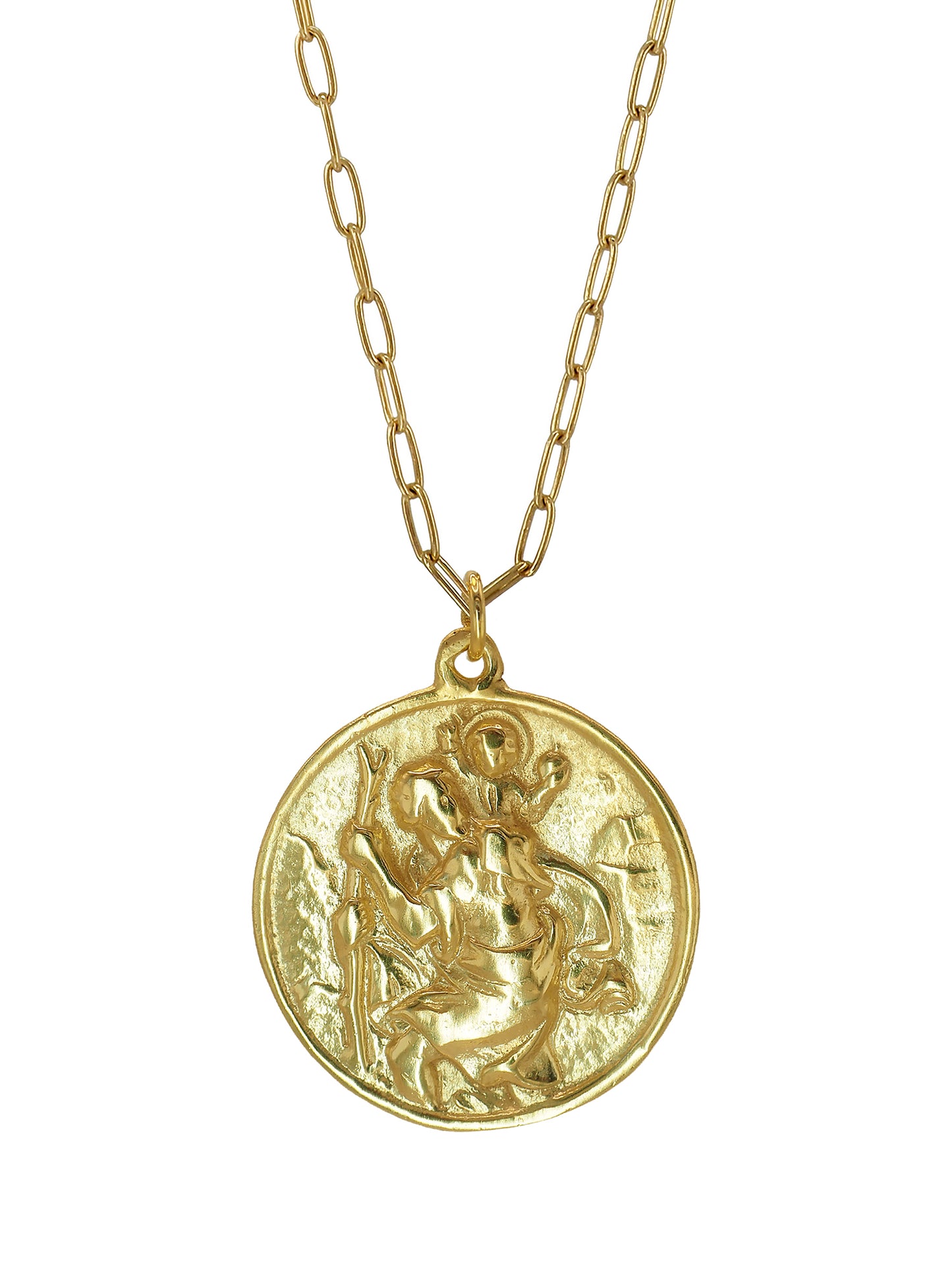Vintage St. Christopher necklace in gold vermeil, a talisman for travelers & surfers. One-of-a-kind statement piece. Gender neutral.