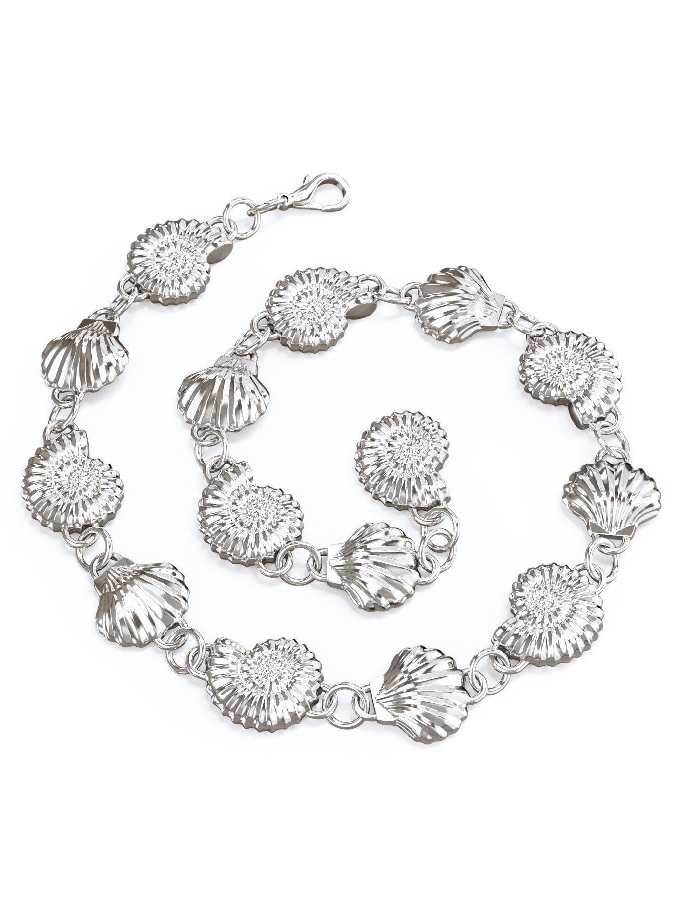 The Power of Love Anklet in sterling silver by Pola Jewellery—shells and spirals symbolizing eternal love, movement, and summer energy.