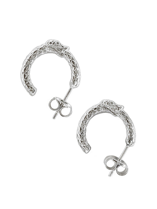 Silver Ouroboros Mini Hoop Earrings by Pola Jewellery – gender-neutral, lightweight hoops symbolizing eternal love, power, and elegance