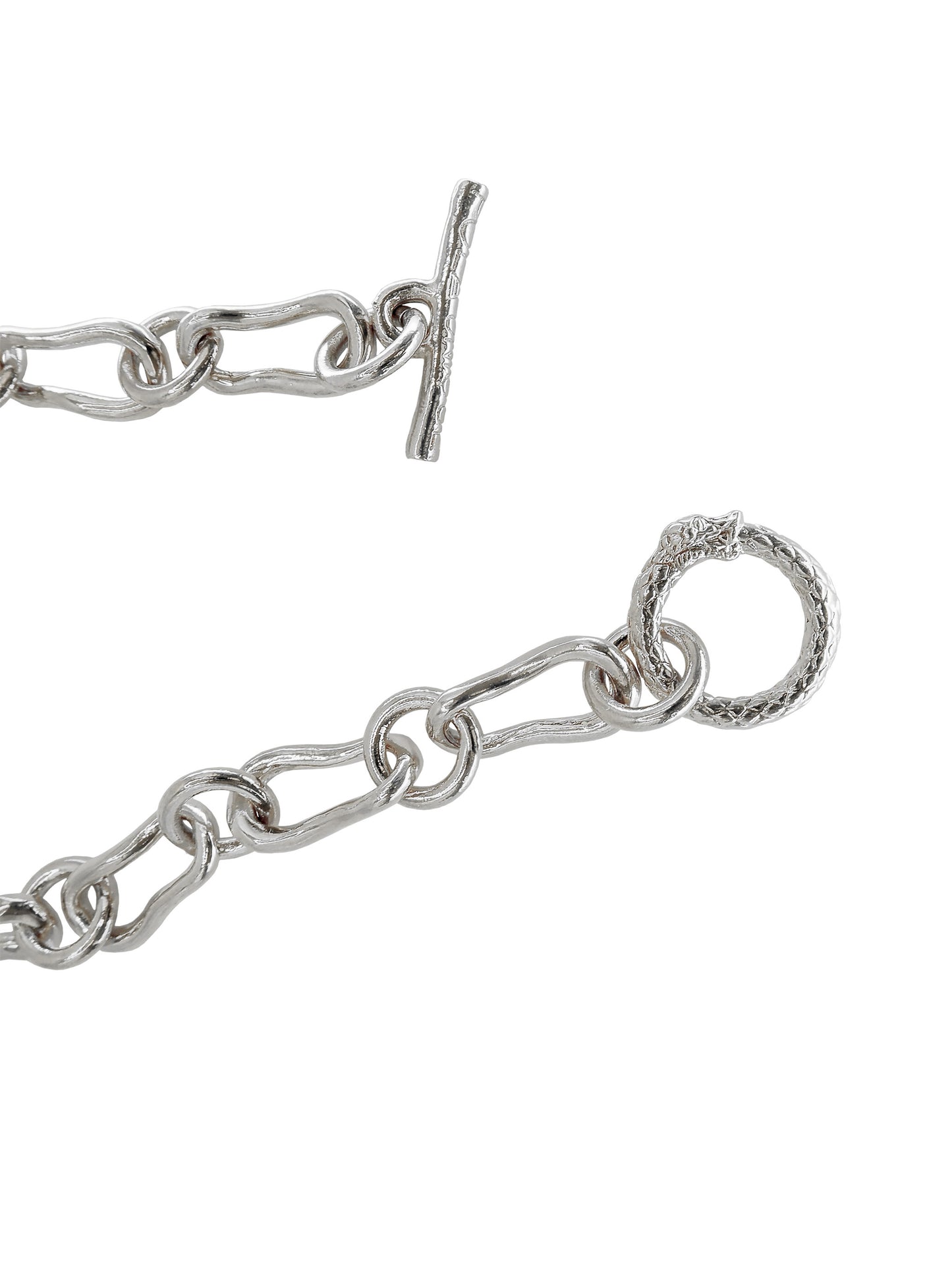 Silver plated Ouroboros T-Bar Necklace by Pola Jewellery – bold, gender-neutral chain symbolizing eternal love and transformation