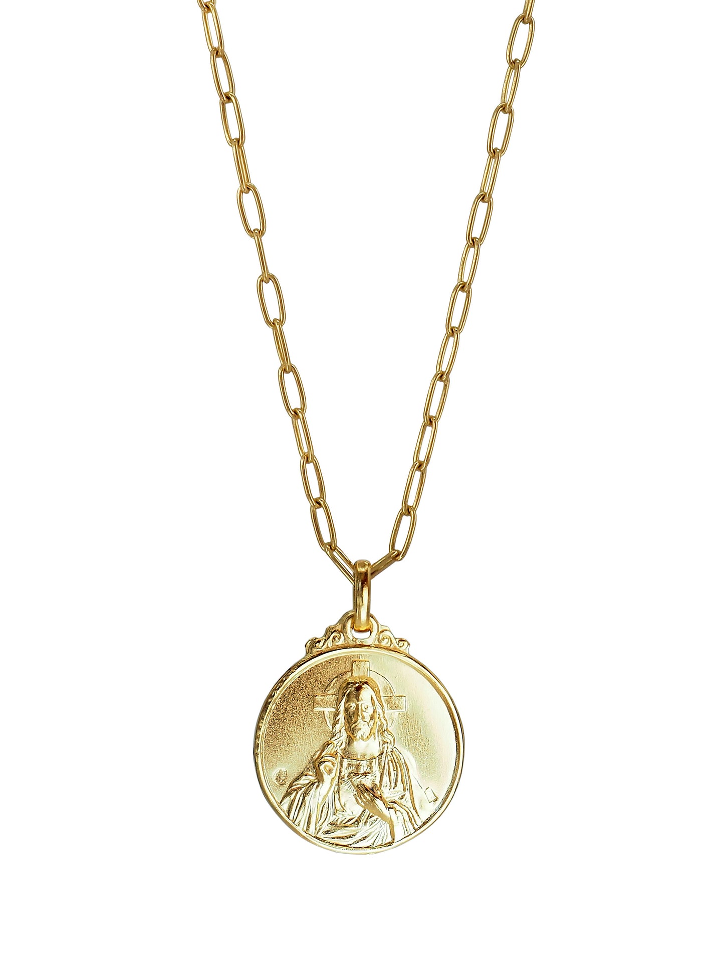 Reverse of the Vintage Carmen Necklace by Pola Jewellery — Sacred Heart engraving on one of a kind antique pendant, gold-plated in Barcelona, gender-neutral talisman jewellery designed in Mallorca.