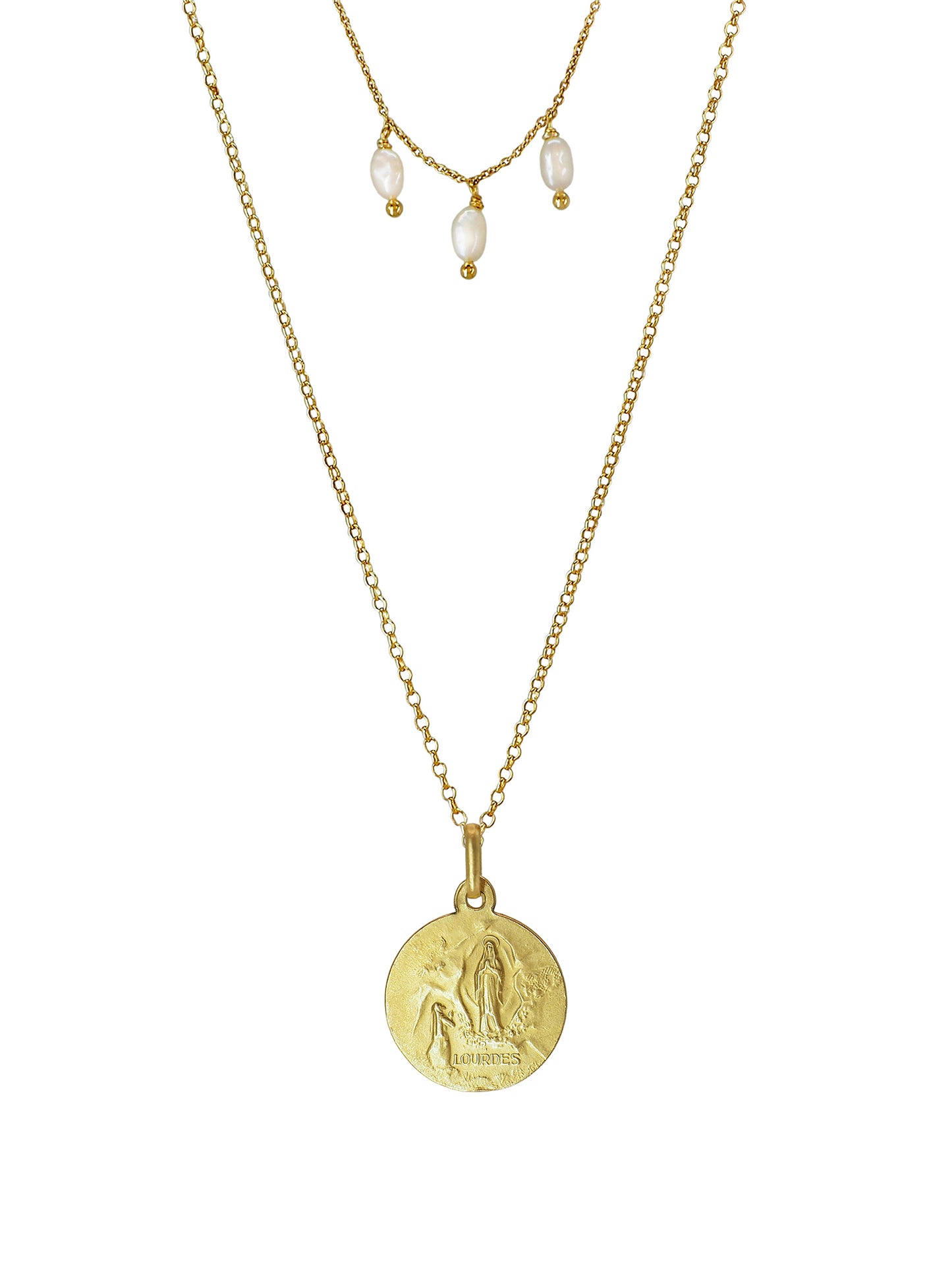 Double-chain Lourdes necklace with antique pendant and pearls in gold-plated silver. A romantic, healing talisman handcrafted in Mallorca.