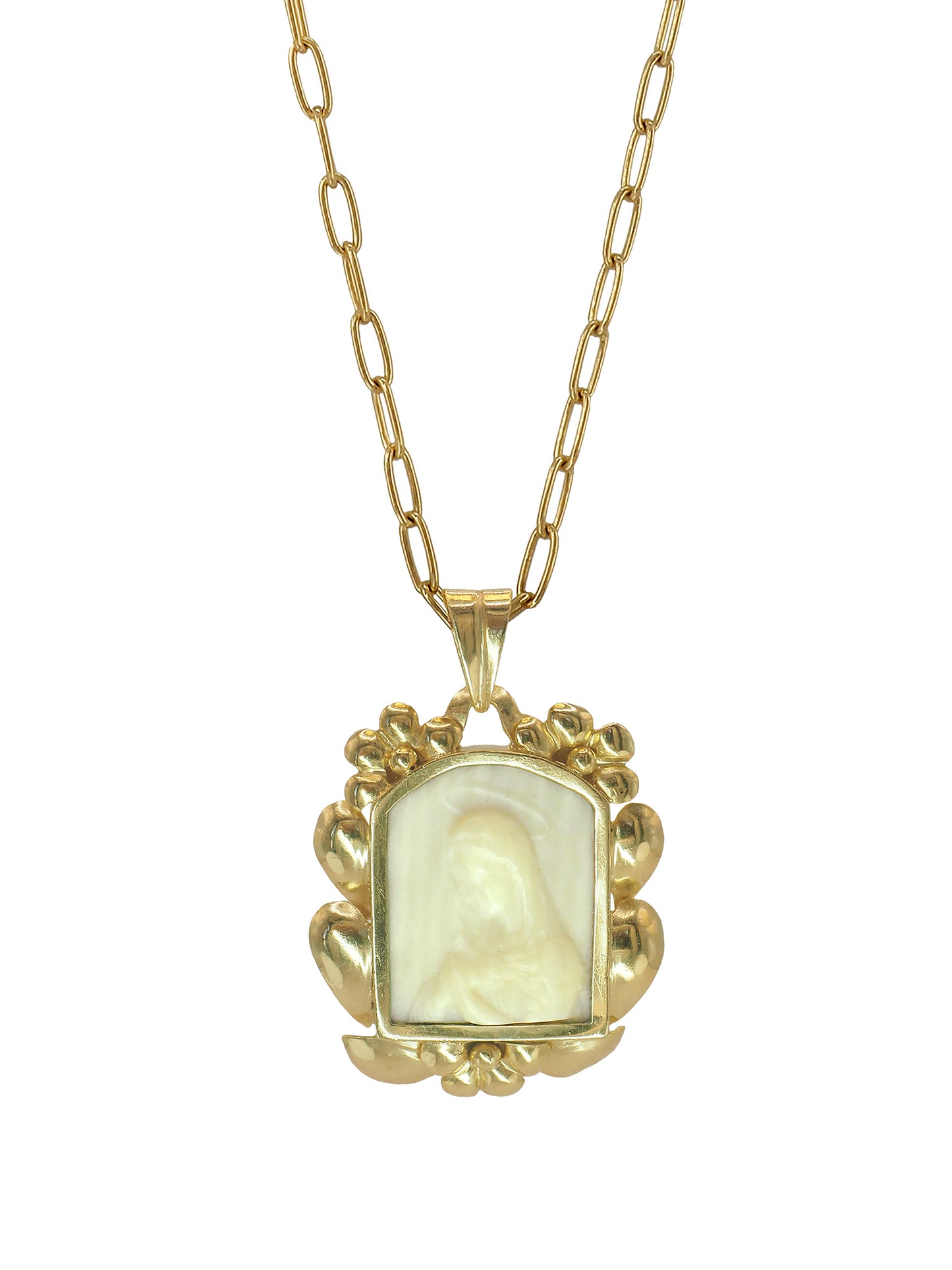 Vintage Madonna necklace with gold-plated silver chain and antique Lourdes pendant—unique spiritual talisman.
