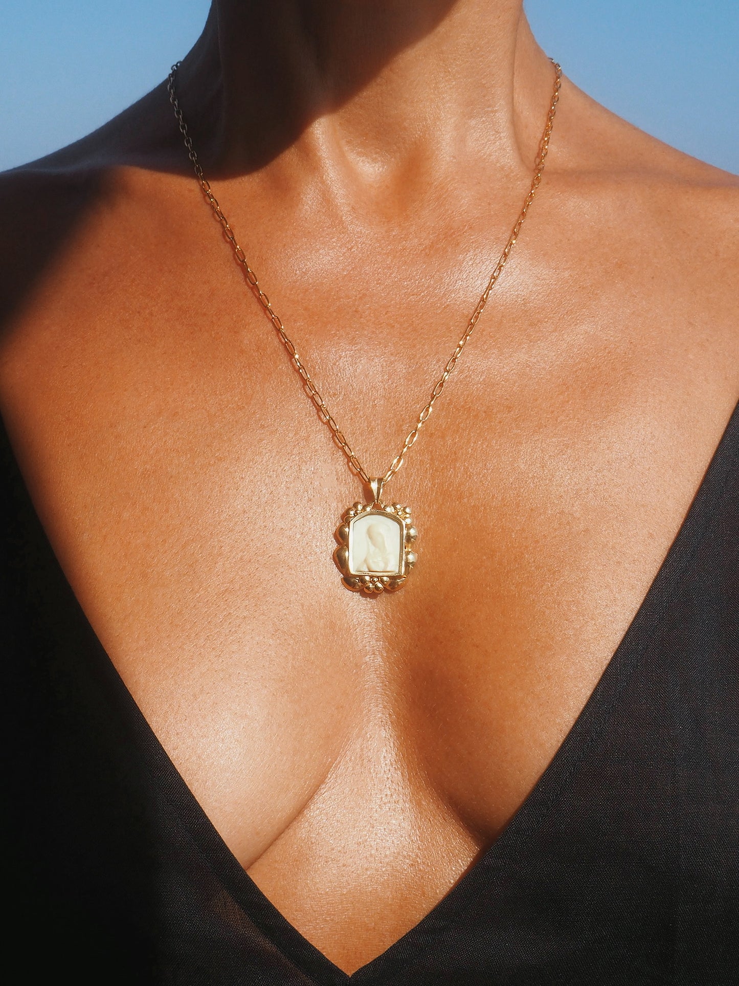 Vintage Madonna necklace with gold-plated silver chain and antique Lourdes pendant—unique spiritual talisman.