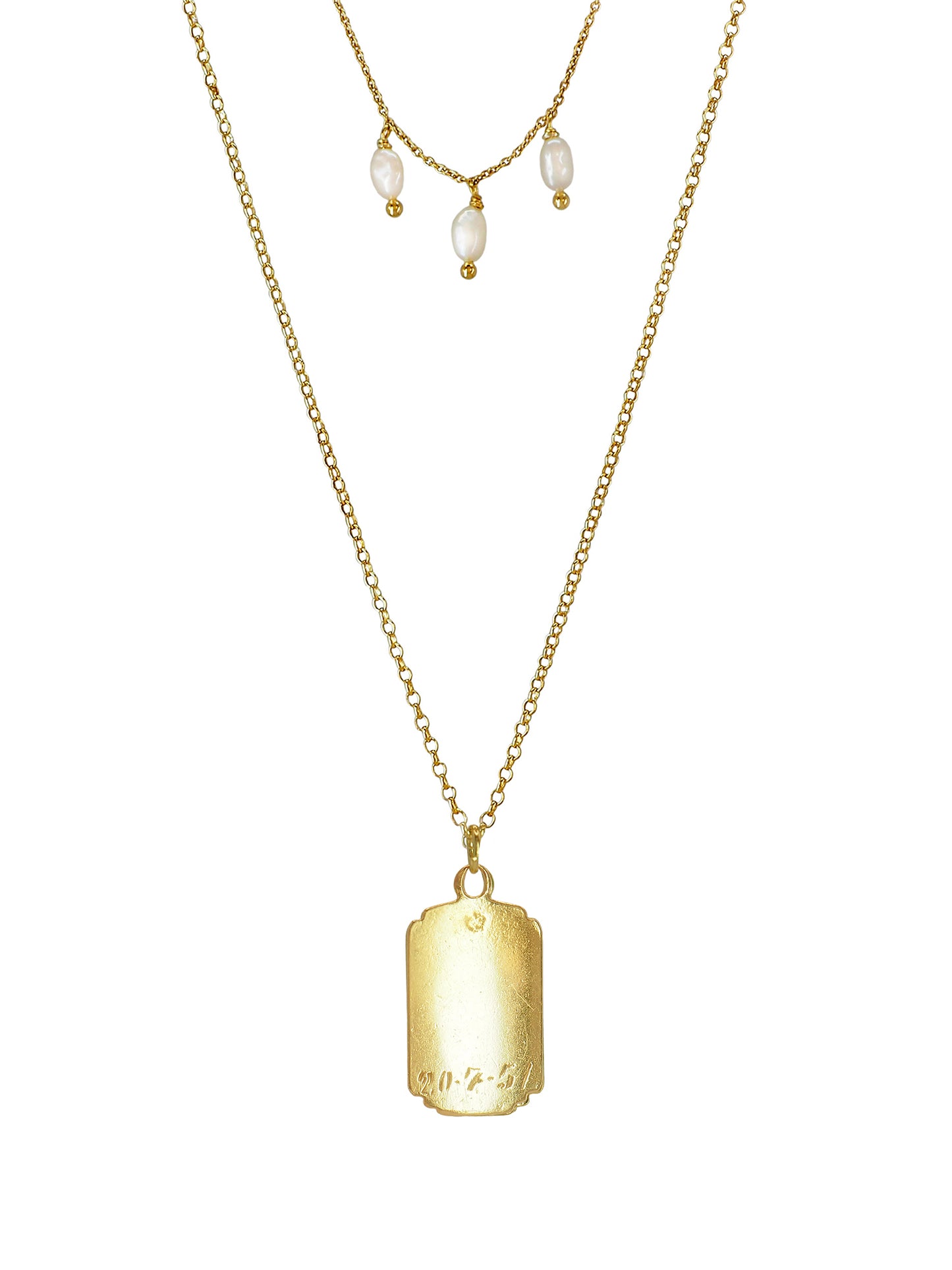 Vintage Milagrosa necklace with antique pendant, freshwater pearls, and gold-plated silver chains. One-of-a-kind, crafted in Mallorca.