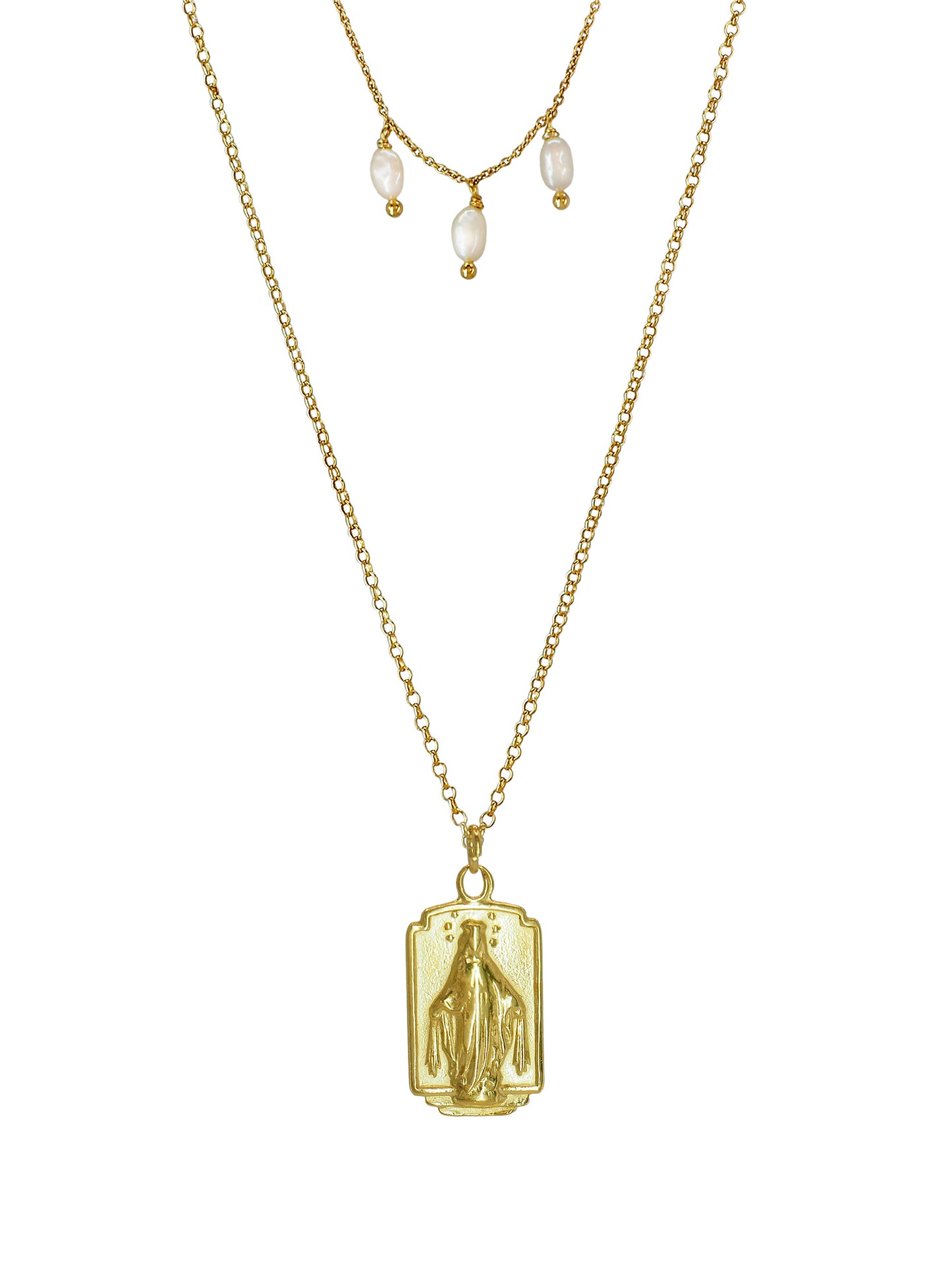 Vintage Milagrosa necklace with antique pendant, freshwater pearls, and gold-plated silver chains. One-of-a-kind, crafted in Mallorca.