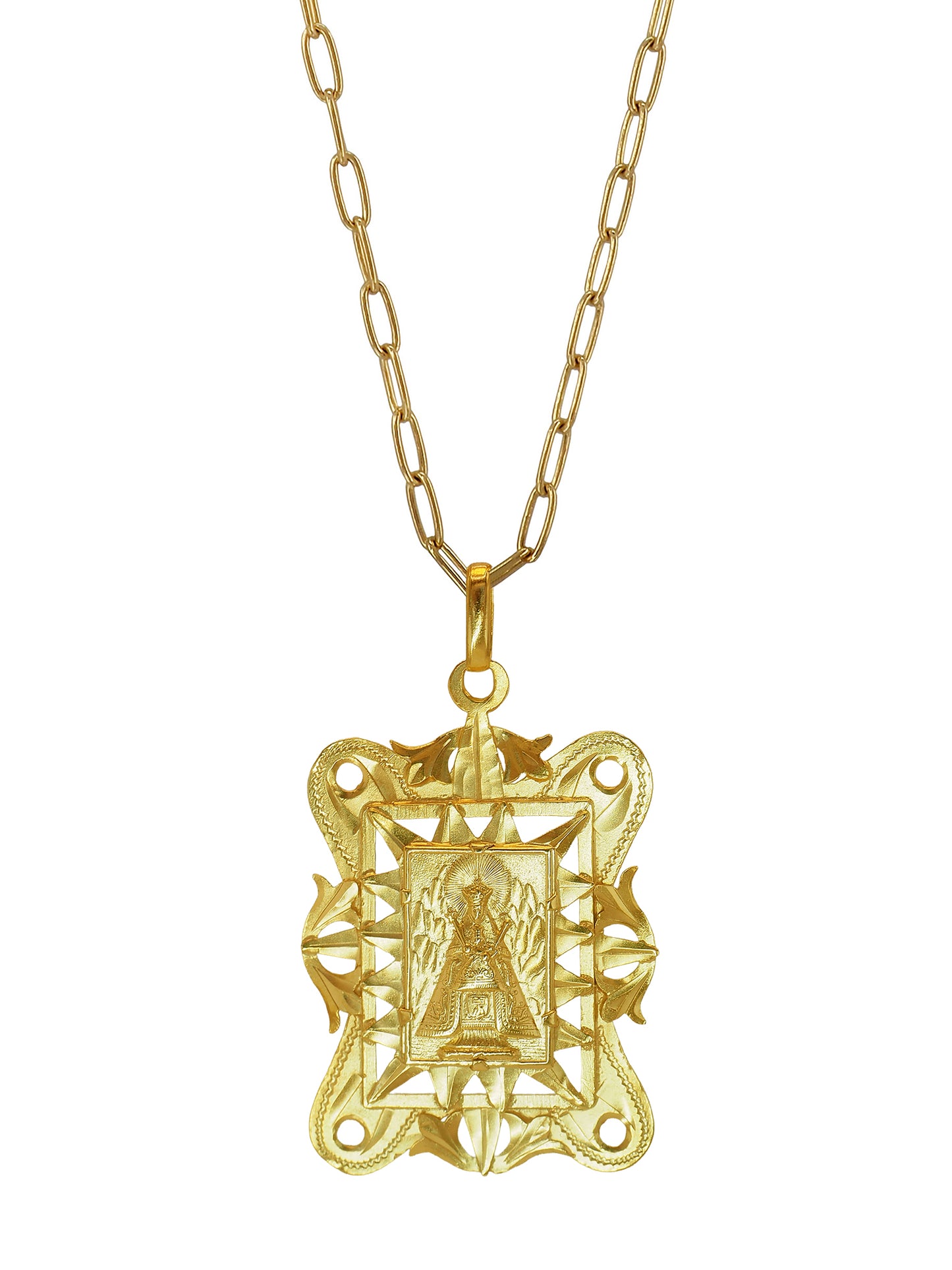 Gold-plated vintage necklace featuring Montserrat Madonna pendant and bold chain, handcrafted with sterling silver.