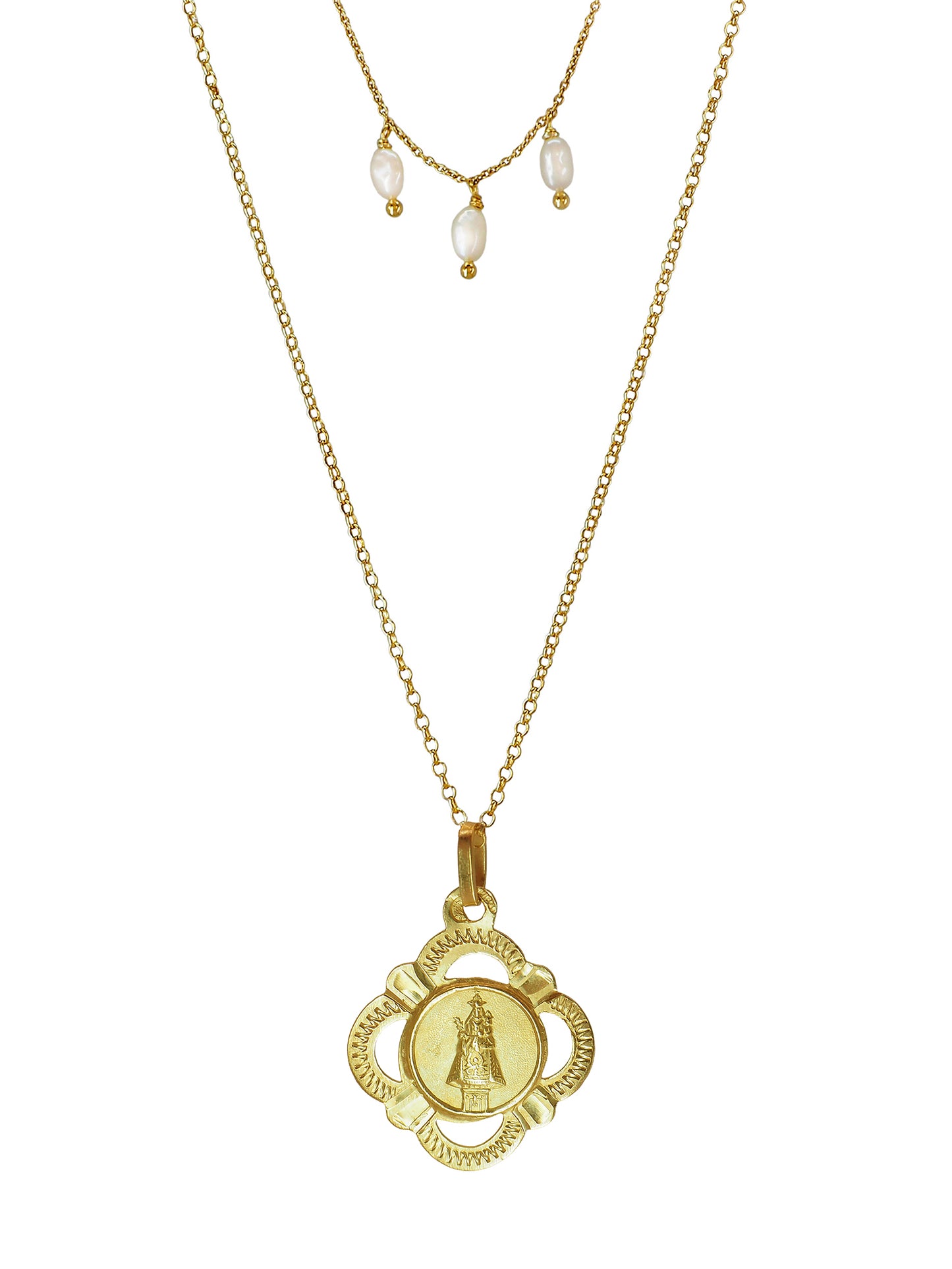 Double-chain necklace with antique Our Lady of Bonanova pendant and pearls. Gold-plated sterling silver. One-of-a-kind vintage piece.