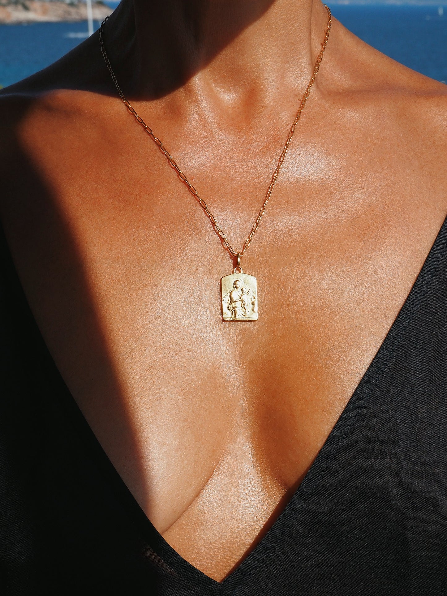 Vintage Carmen Necklace with antique Our Lady of Carmen & Sacred Heart pendant in gold vermeil. One-of-a-kind talisman of love & protection.