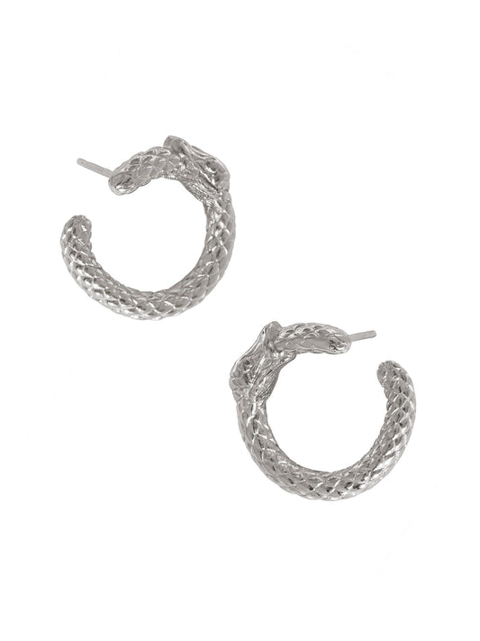 Silver Ouroboros Hoop Earrings by Pola Jewellery – bold, gender-neutral earrings symbolizing eternal love, power, and transformation