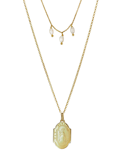 St Benedict and Montserrat Necklace. Gold plated Sterling Silver. Freshwater pearls. One of a Kind.