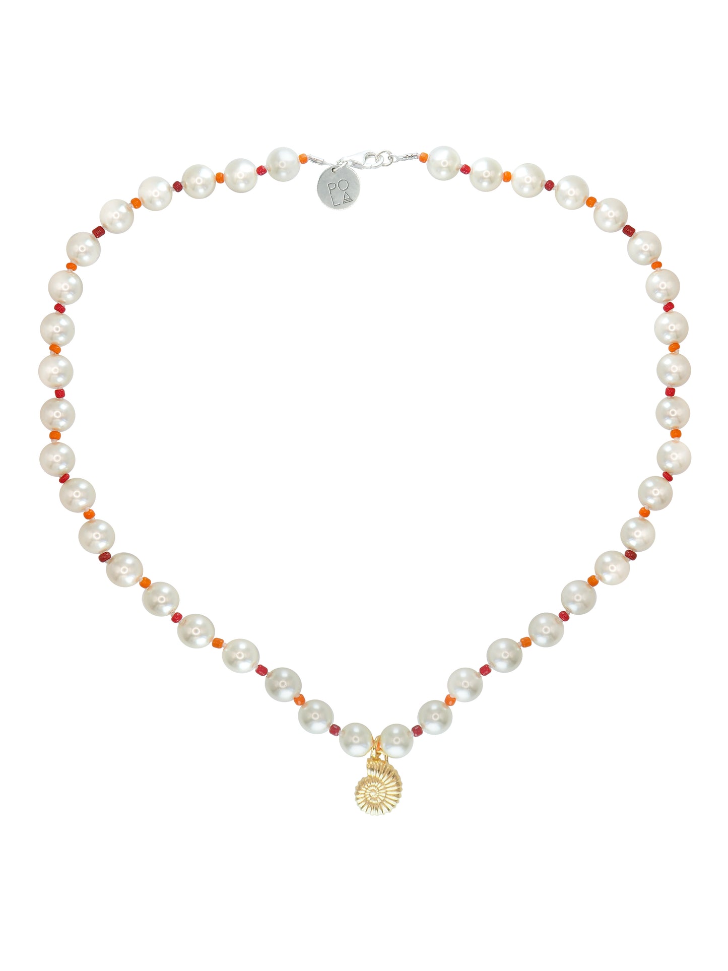 Limited edition Ammonite and Pearls Necklace by Pola Jewellery — vintage Majorica pearls hand-knotted with red and orange glass beads and gold vermeil ammonite pendant, handmade in Mallorca.
