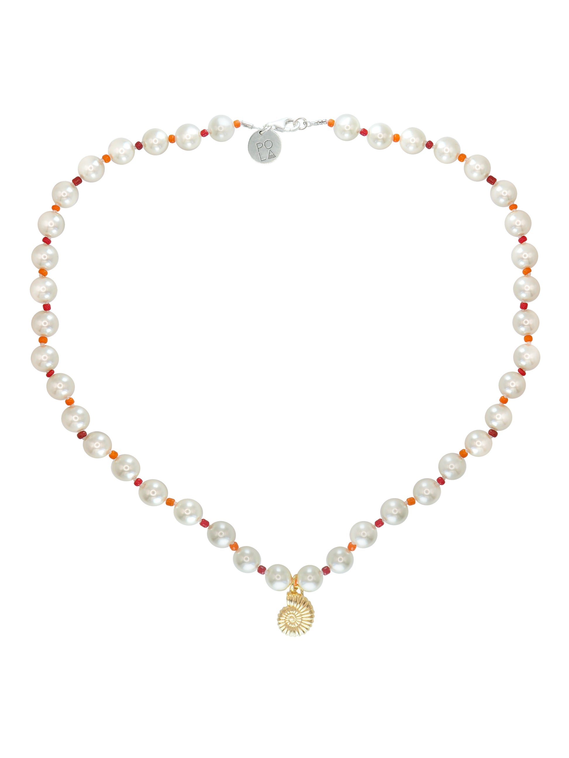 Limited edition Ammonite and Pearls Necklace by Pola Jewellery — vintage Majorica pearls hand-knotted with red and orange glass beads and gold vermeil ammonite pendant, handmade in Mallorca.