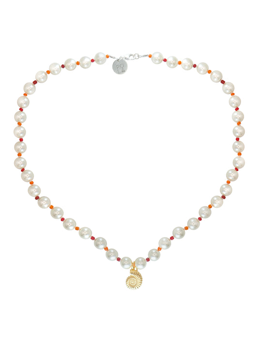 Limited edition Ammonite and Pearls Necklace by Pola Jewellery — vintage Majorica pearls hand-knotted with red and orange glass beads and gold vermeil ammonite pendant, handmade in Mallorca.