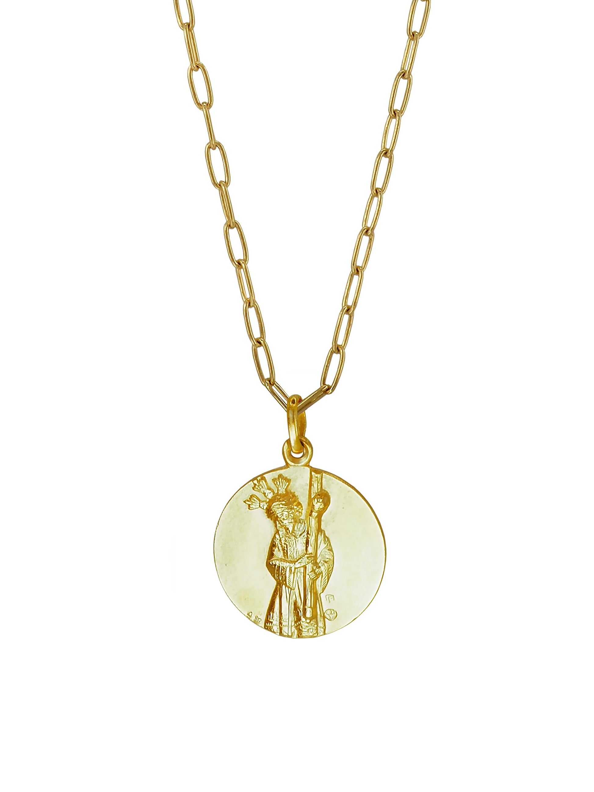 Antique Macarena Madonna medal necklace with Nazareno engraving on reverse, one-of-a-kind vintage talisman.