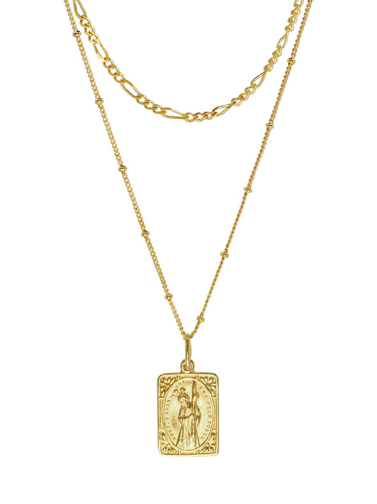 Antique Nazareno medal necklace with layered gold-plated chains, one-of-a-kind symbolic pendant.
