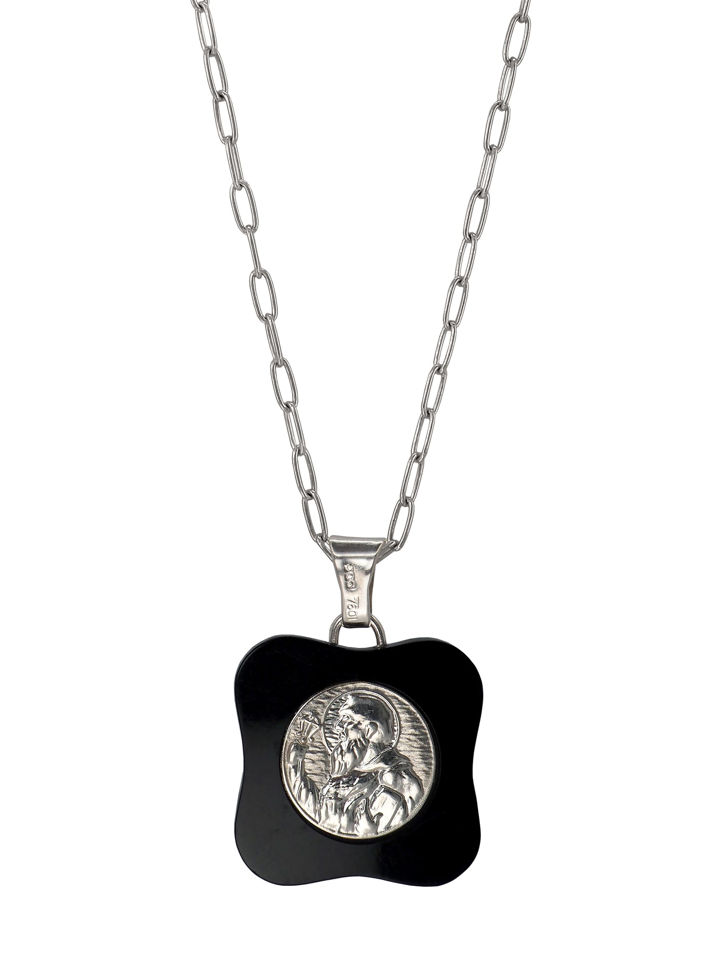 Vintage St. Benedict necklace with silver and black Bakelite Art Deco pendant on sterling silver chain.