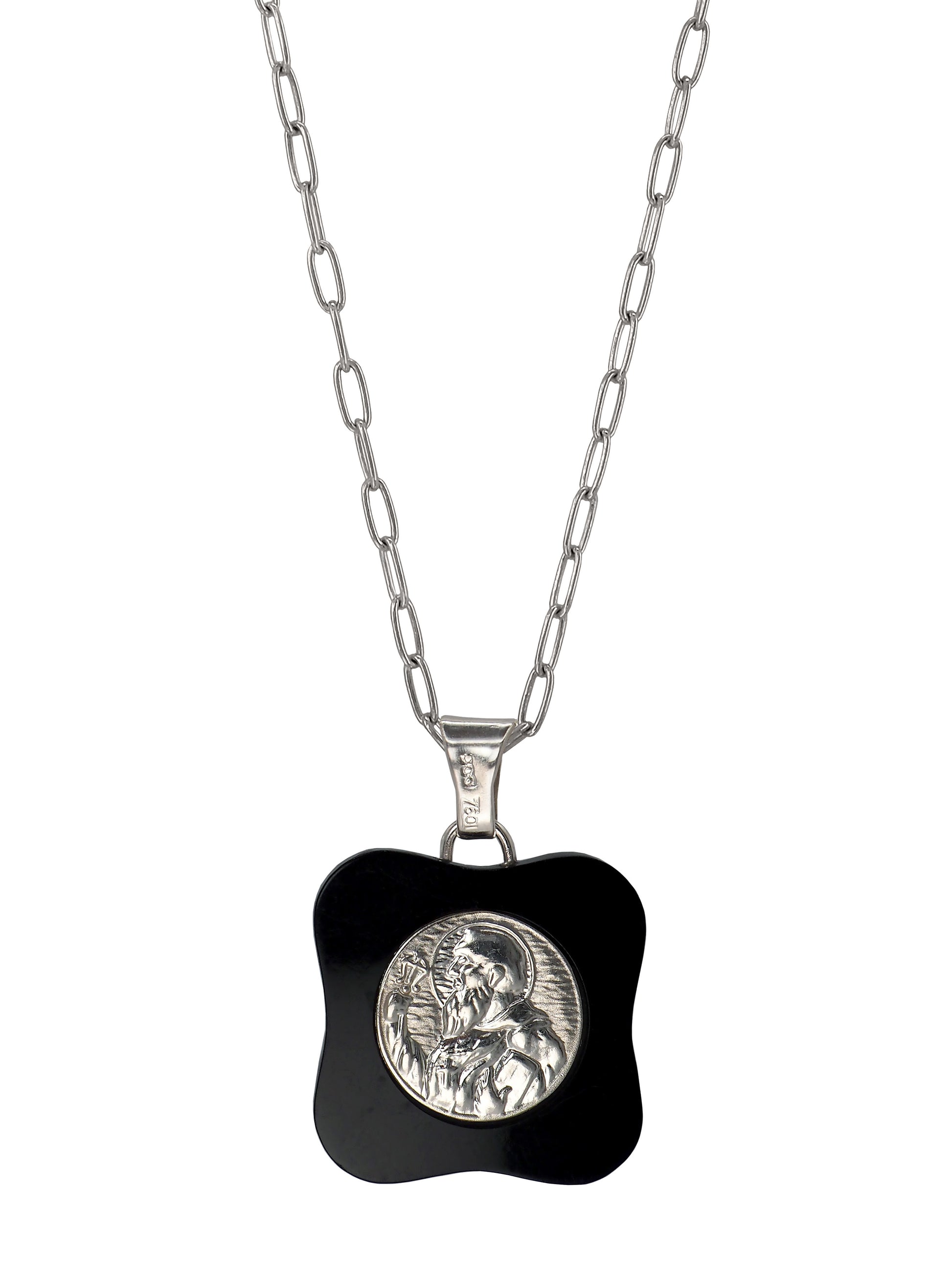 Vintage St. Benedict necklace with silver and black Bakelite Art Deco pendant on sterling silver chain.