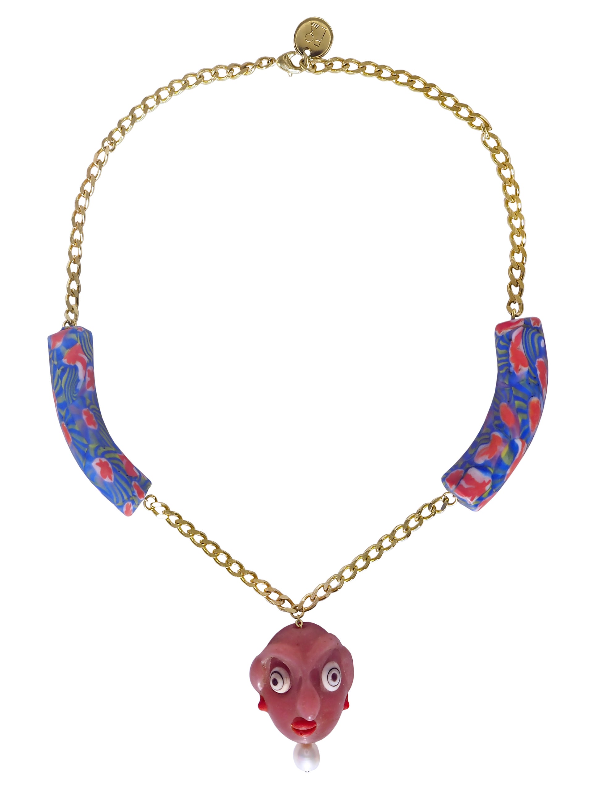 Face and Millefiori Necklace by Pola Jewellery — one of a kind surrealist hand-painted glass face pendant with baroque pearl and millefiori glass beads on gold-plated brass chain, statement jewellery designed in Mallorca.