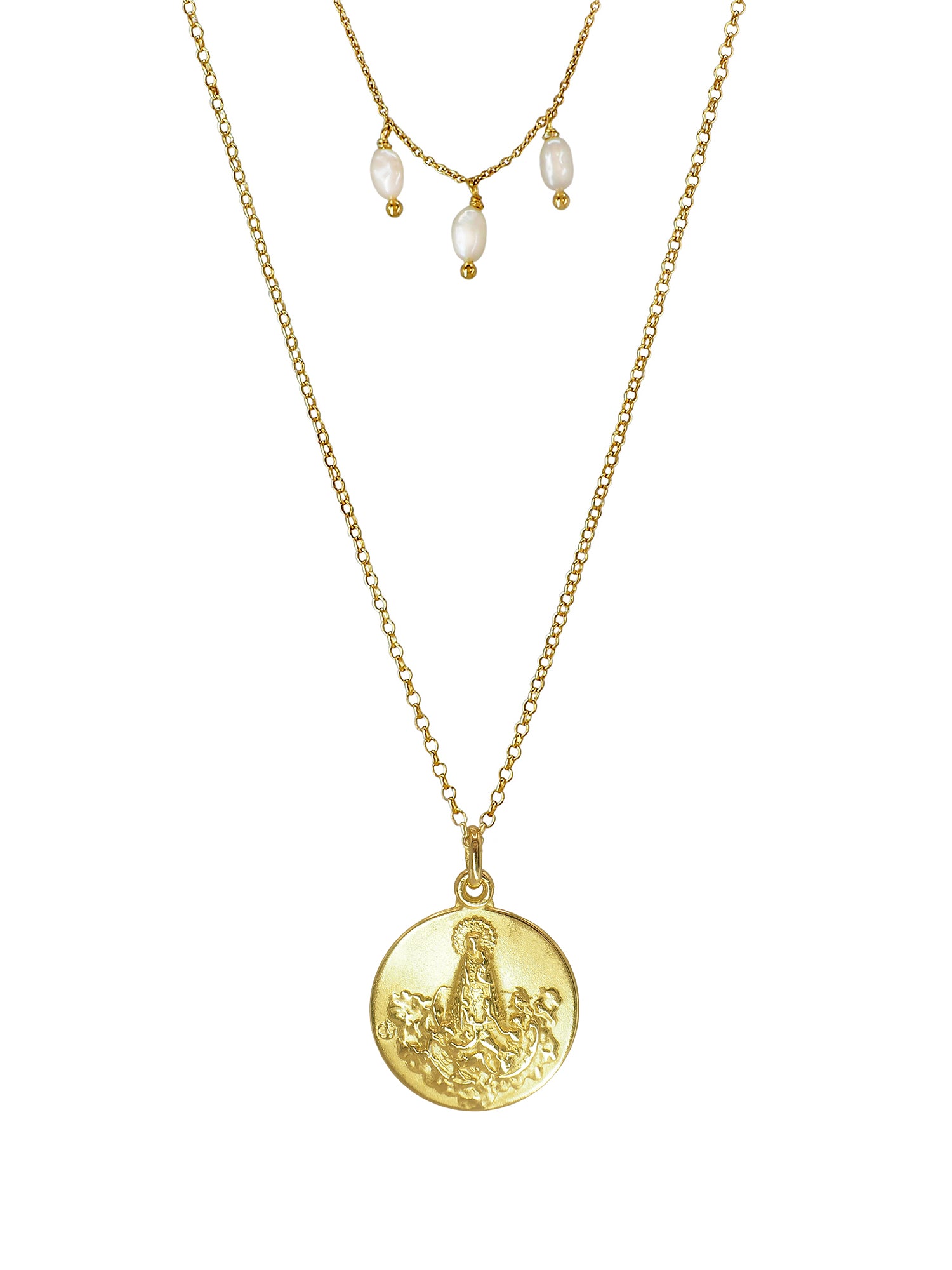Vintage Madonna necklace with gold-plated double chain, antique Our Lady of the Forsaken pendant, and three freshwater pearls.