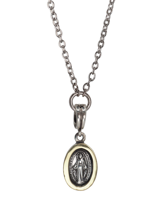 Vintage La Milagrosa Miraculous Medal necklace in silver and 18k gold on bold chain by Pola Jewellery.