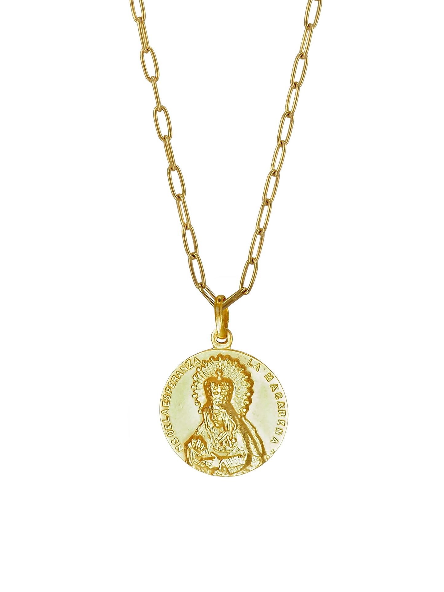 Vintage Macarena Madonna pendant necklace in gold-plated sterling silver with modern chain by Pola Jewellery.