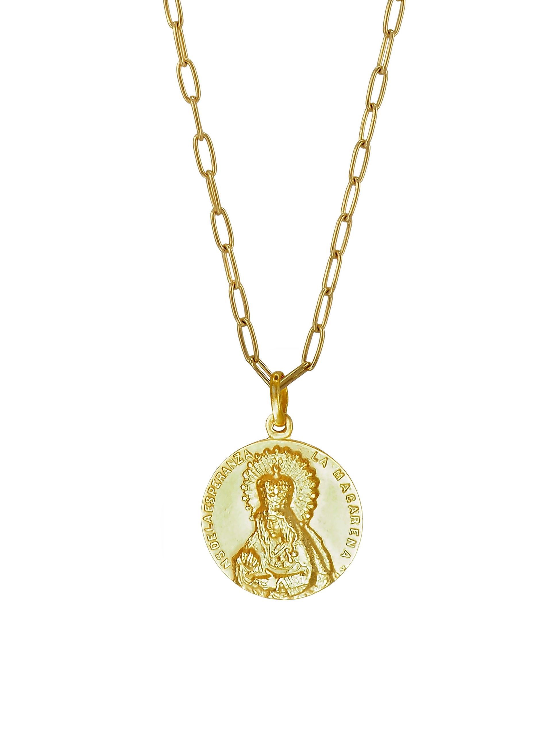 Vintage Macarena Madonna pendant necklace in gold-plated sterling silver with modern chain by Pola Jewellery.