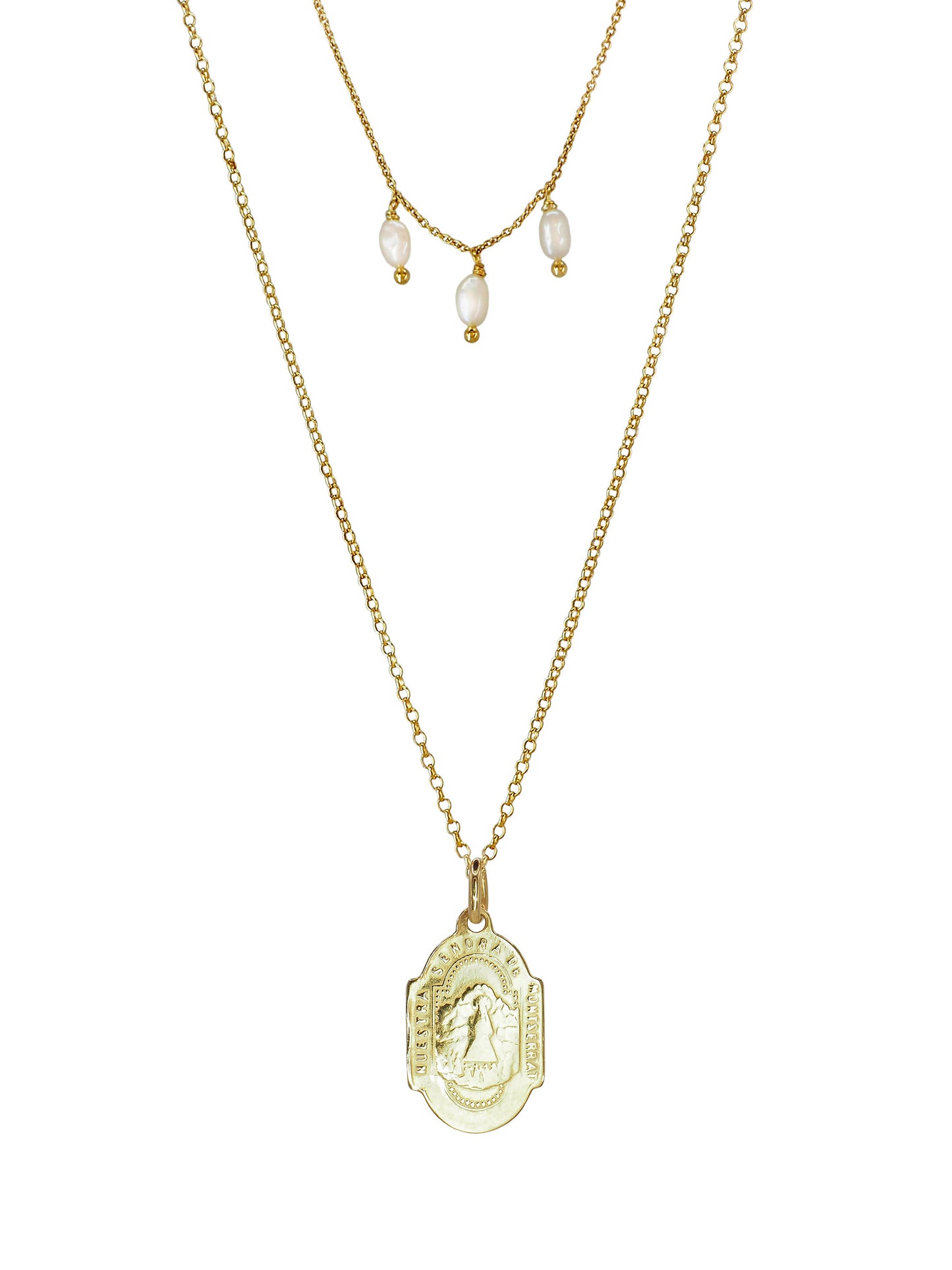 St Benedict and Montserrat Necklace. Gold plated Sterling Silver. Freshwater pearls. One of a Kind.