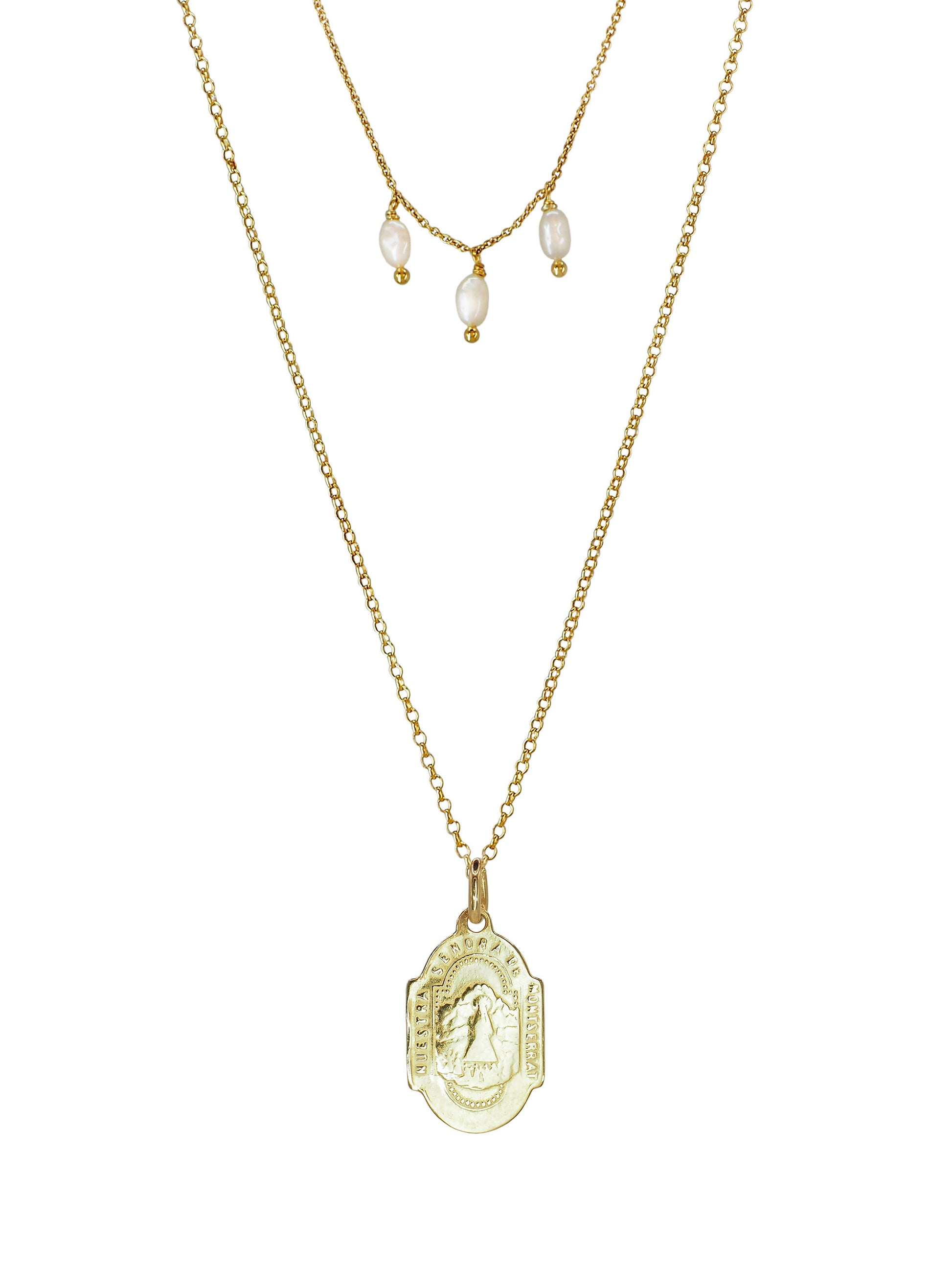 St Benedict and Montserrat Necklace. Gold plated Sterling Silver. Freshwater pearls. One of a Kind.