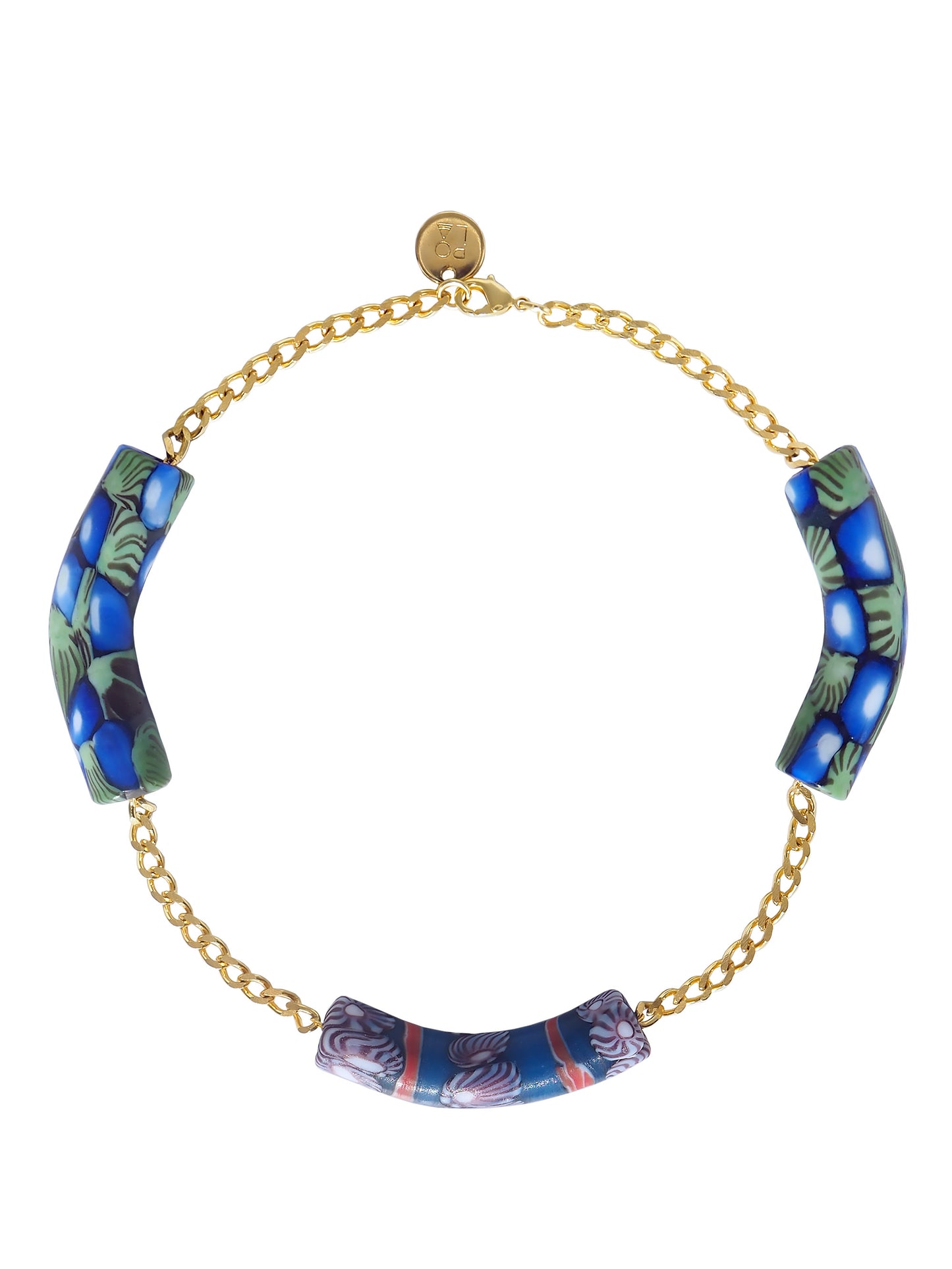 Millefiori Blue Choker by Pola Jewellery — one of a kind hand-painted millefiori glass beads in cobalt blue and green on gold-plated brass chain, statement jewellery designed in Mallorca.
