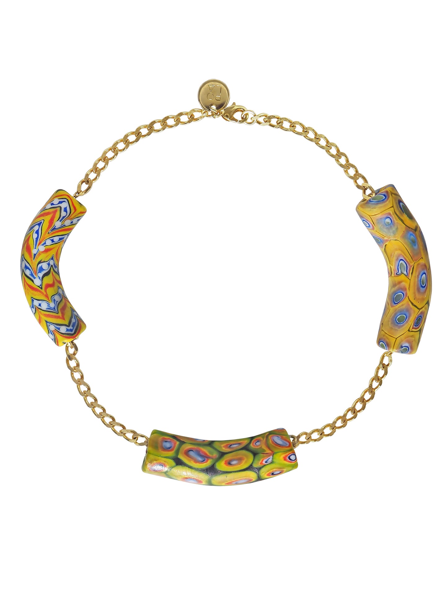 Millefiori Yellow Choker by Pola Jewellery — one of a kind hand-painted millefiori glass beads in warm yellow, red and blue on gold-plated brass chain, statement jewellery designed in Mallorca.