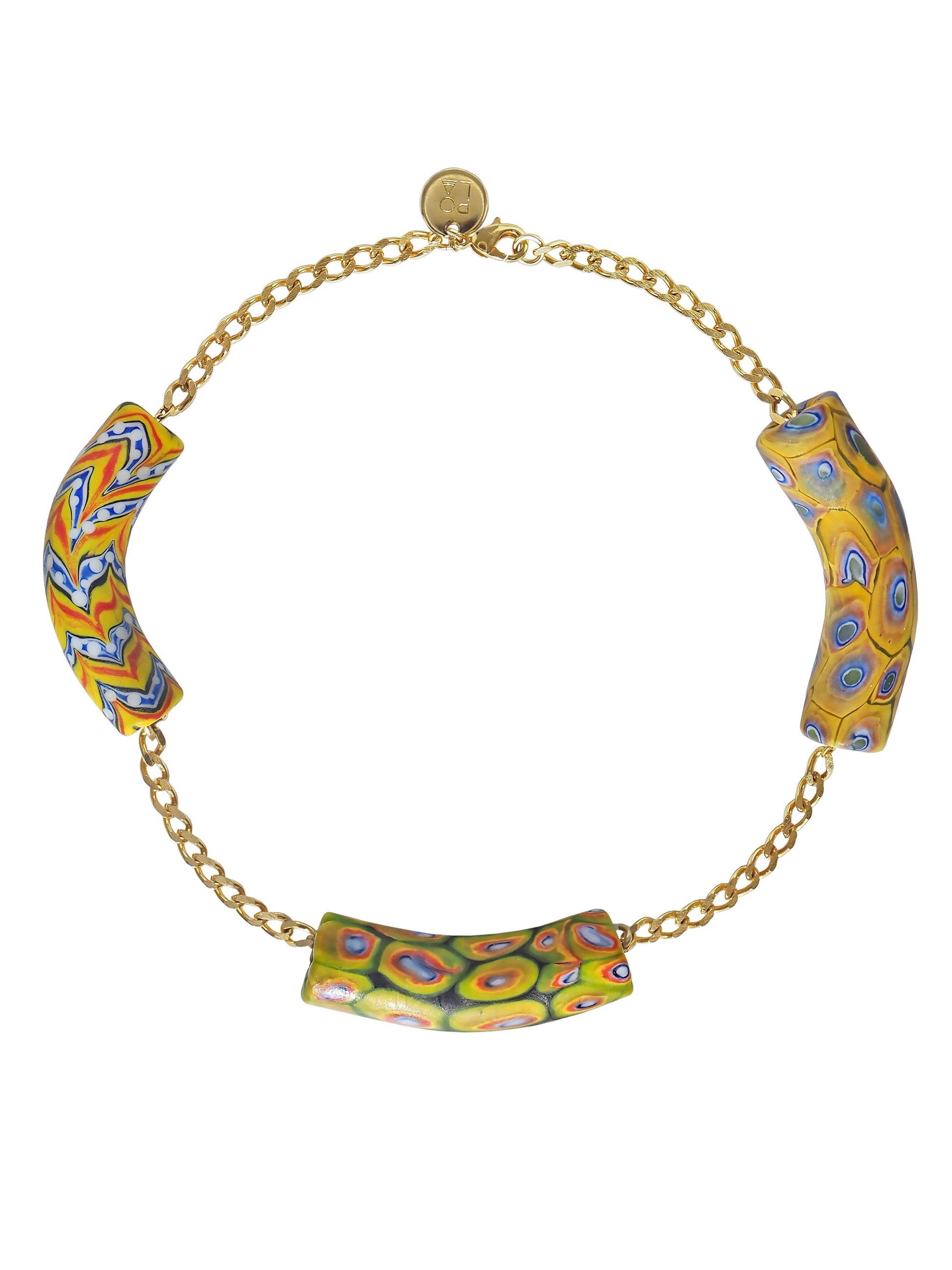 Millefiori Yellow Choker by Pola Jewellery — one of a kind hand-painted millefiori glass beads in warm yellow, red and blue on gold-plated brass chain, statement jewellery designed in Mallorca.