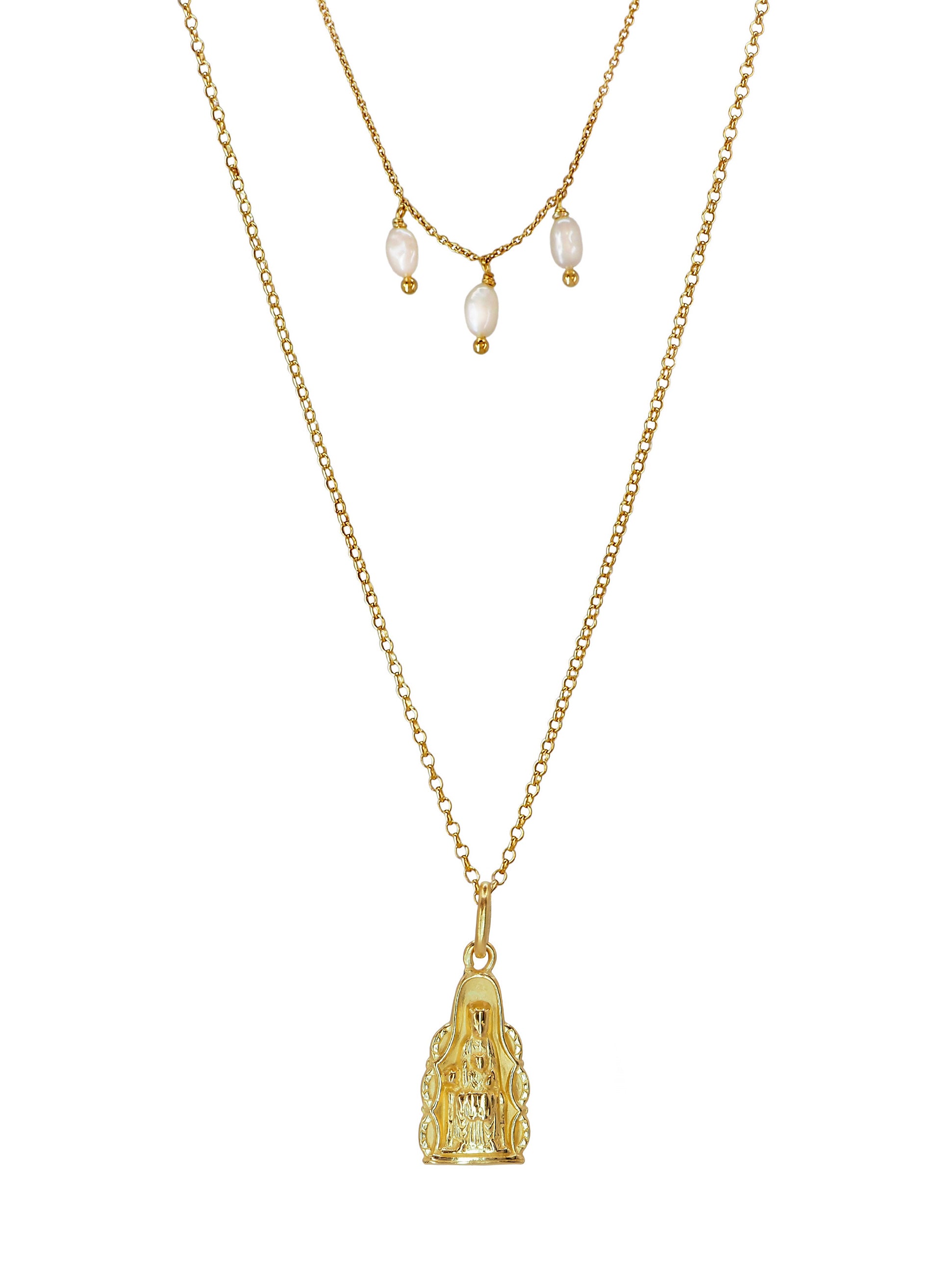 Delicate vintage necklace with Our Lady of Montserrat pendant and freshwater pearls, gold-plated sterling silver, one of a kind.