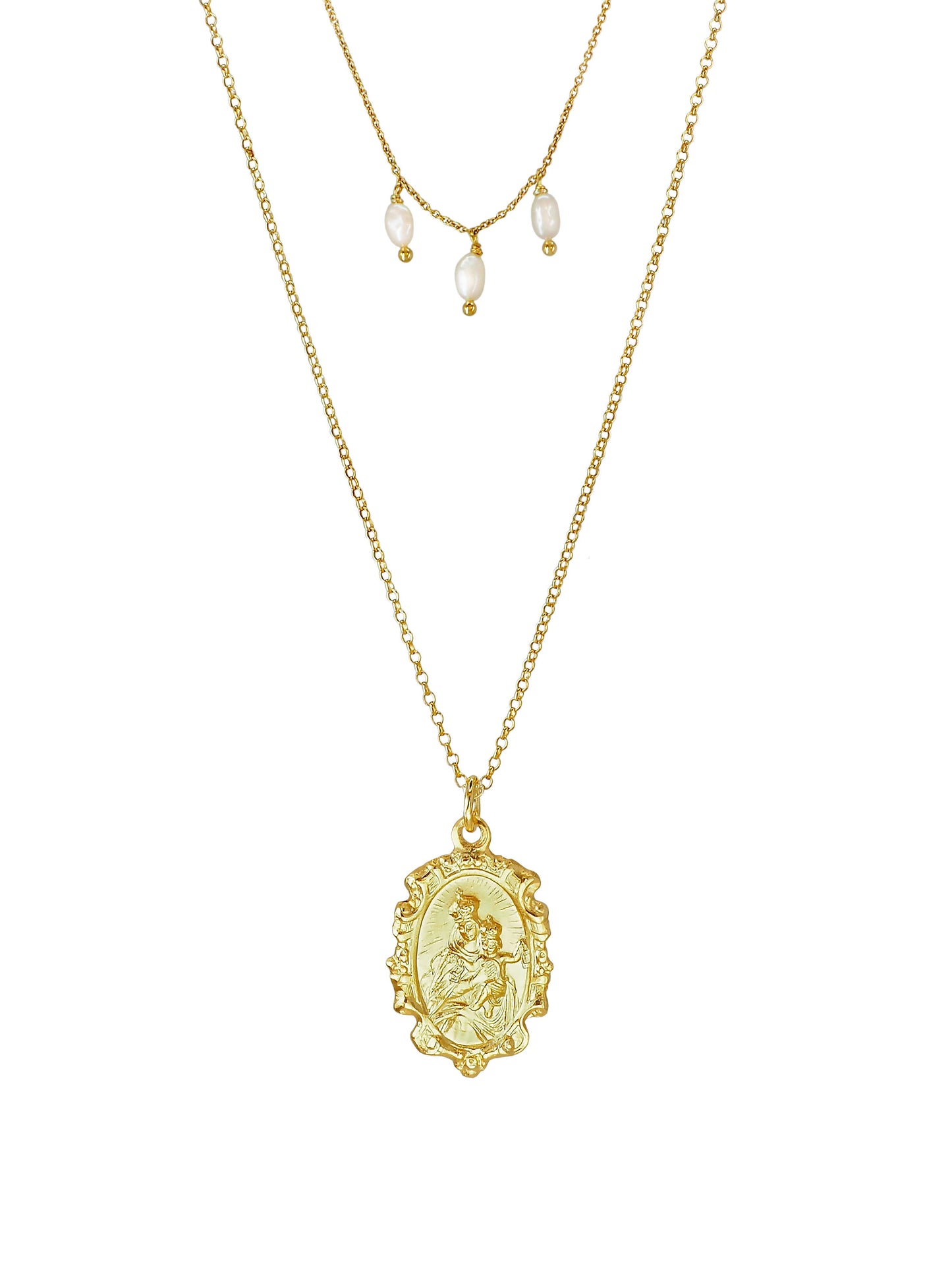 Our Lady of Carmen double-chain pearl necklace by Pola Jewellery — vintage gold-plated sterling-silver pendant with Sacred Heart and freshwater pearls.